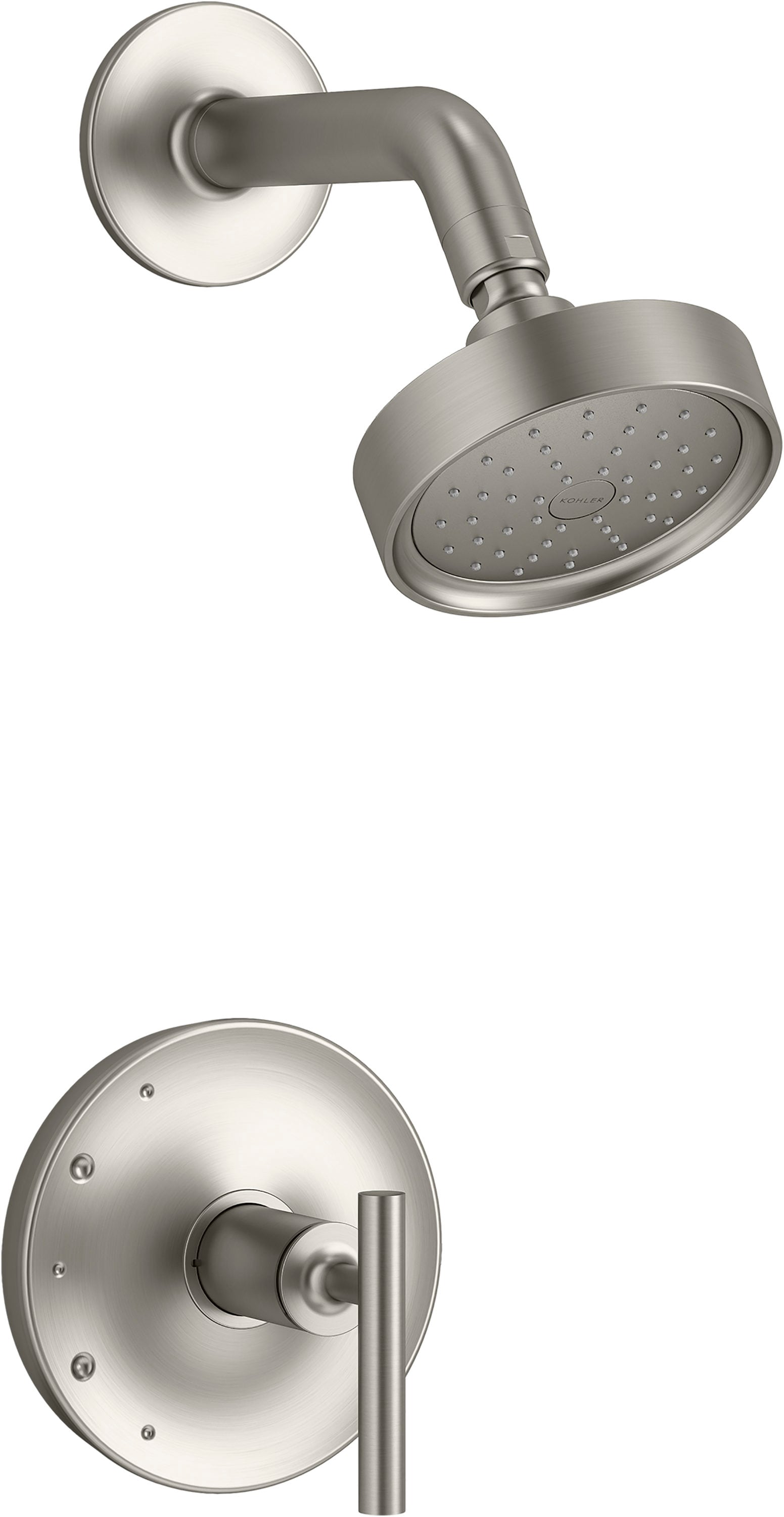 Grifo de ducha redondo de 4.875 pulgadas con acabado de níquel cepillado vibrante, de un solo mango y función única Purist de KOHLER K-TS14422-4G-BN