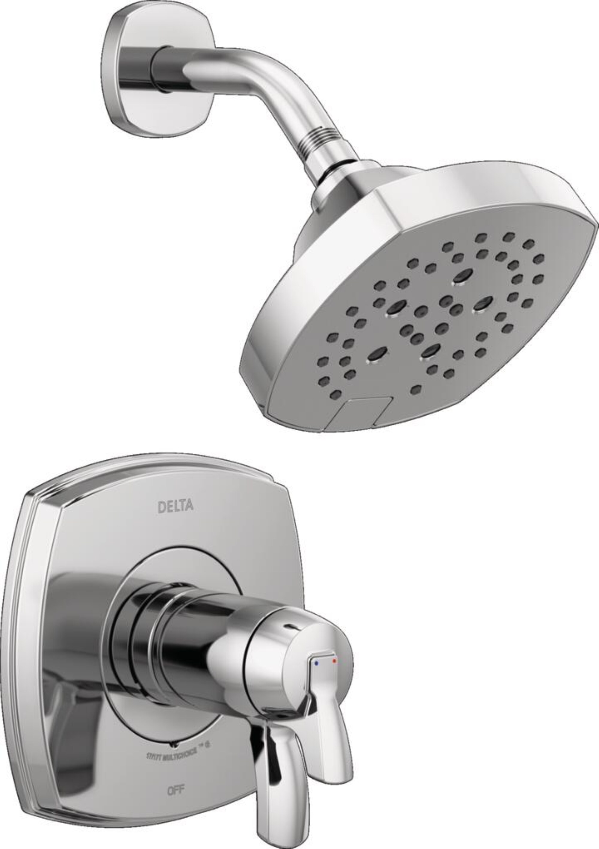 Regadera redonda de 7.0 pulgadas con grifo cromado de una manija de múltiples funciones Delta Stryke Lumicoat T17T276-PR