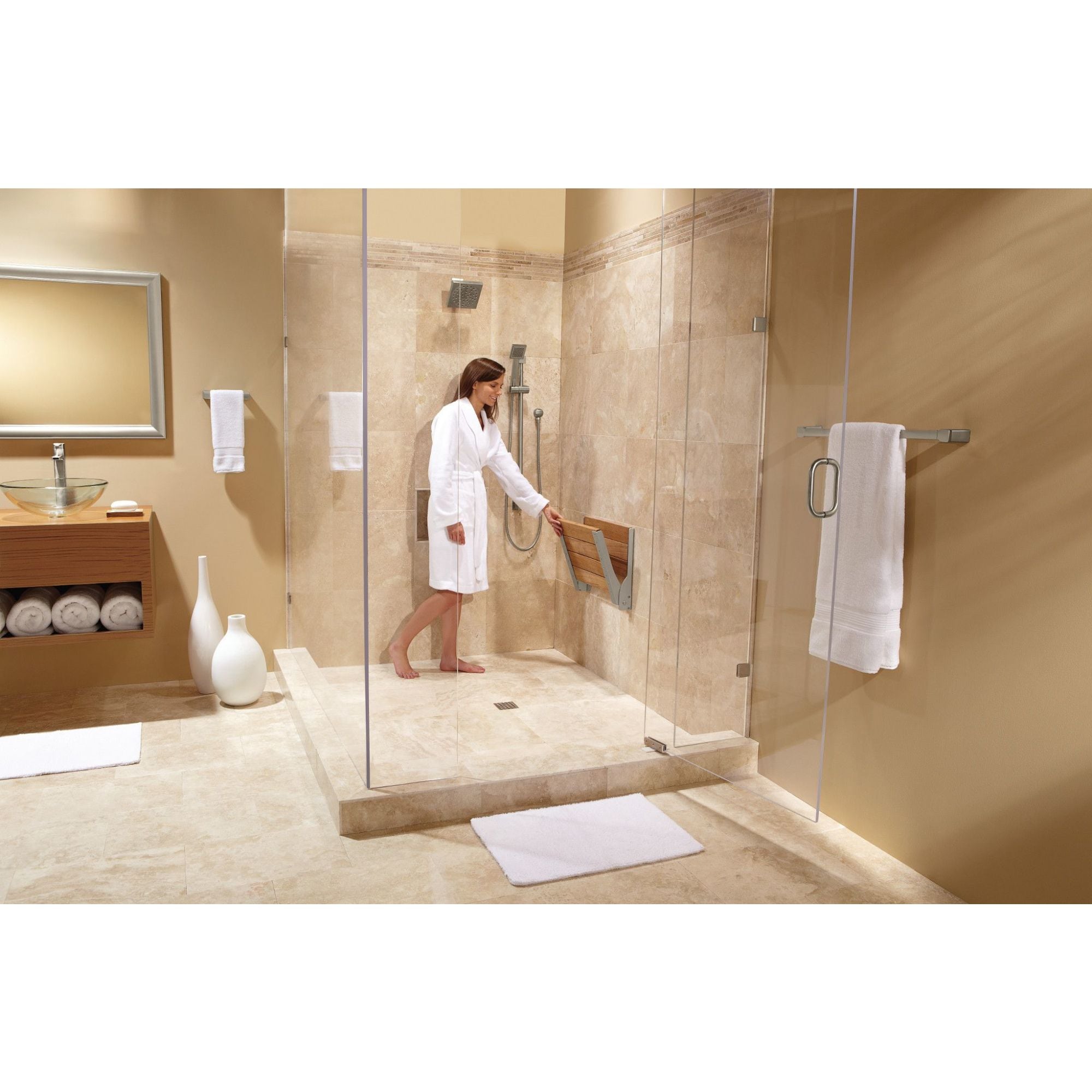 Grifo de ducha cuadrado de 6.4375 pulgadas con válvula de una sola función en níquel cepillado para baño Moen 90 Degree