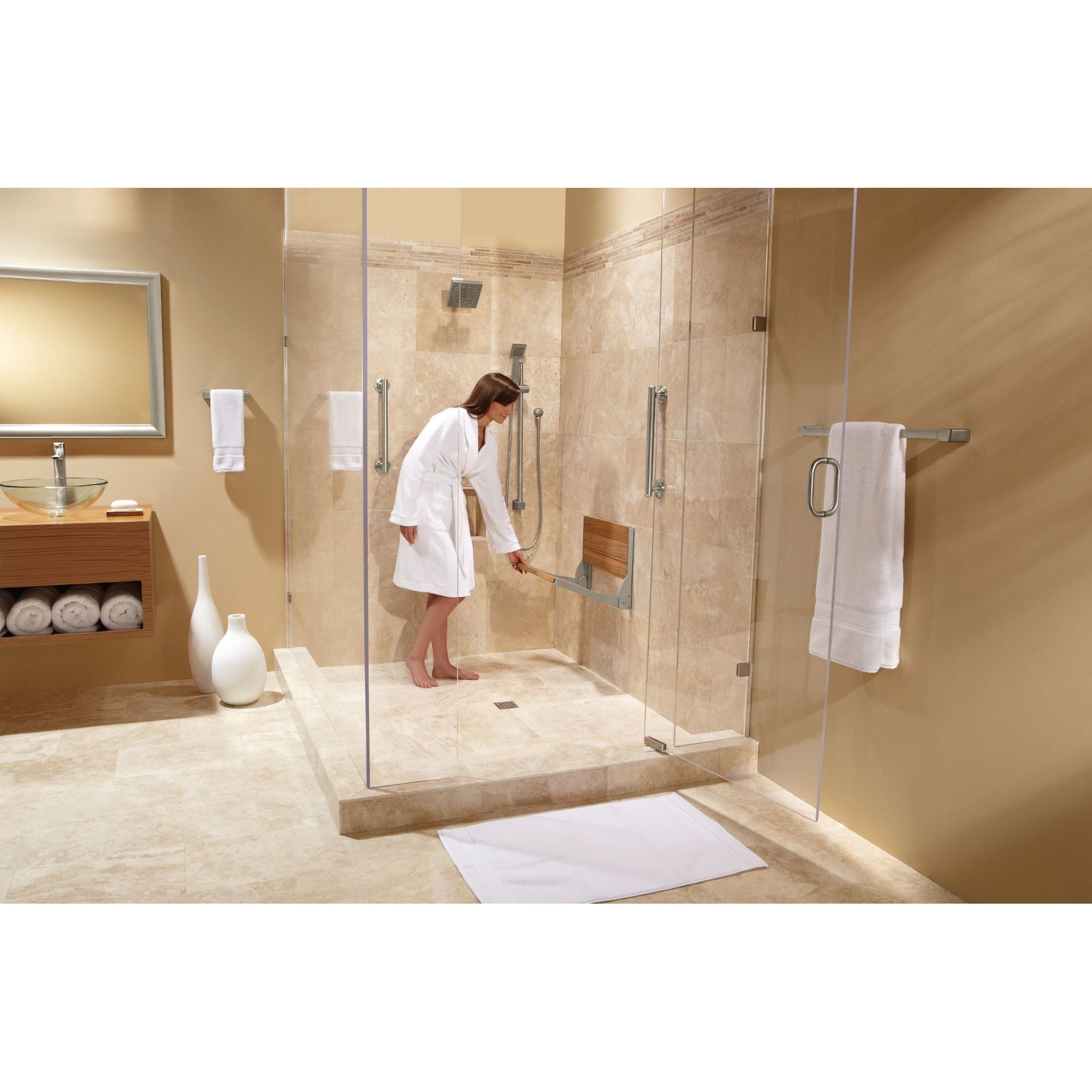 Grifo de ducha cuadrado de 6.4375 pulgadas con válvula de una sola función en níquel cepillado para baño Moen 90 Degree