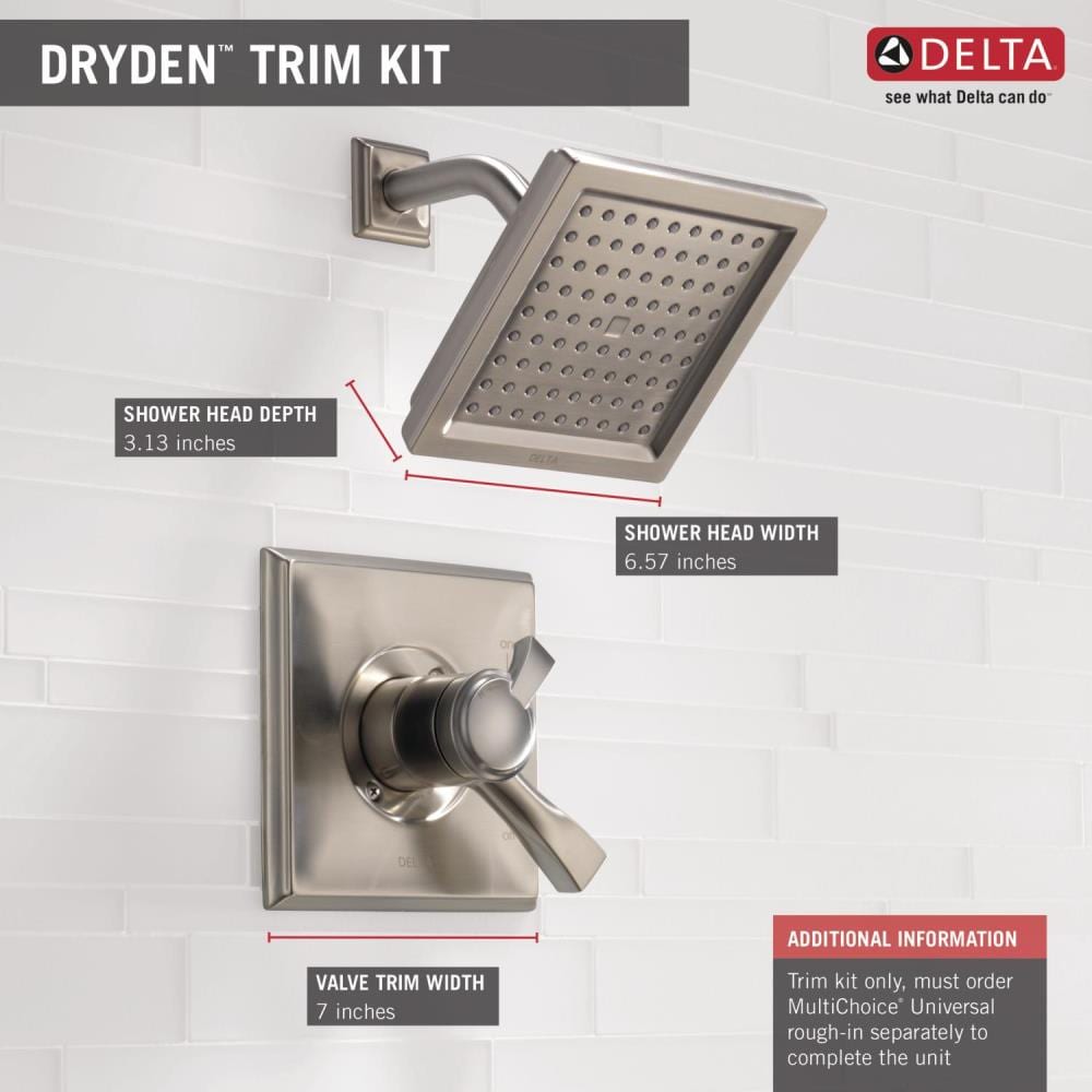 Grifería para regadera cuadrada de acero inoxidable Delta Dryden con 2 manijas y función única de 6.5625 pulgadas.