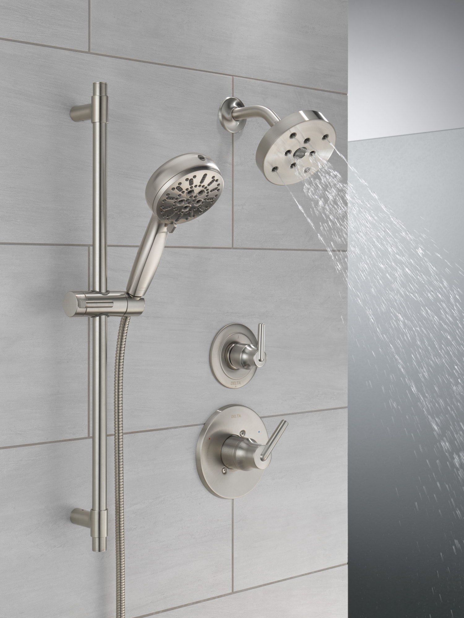 Grifo de ducha redondo de acero inoxidable con manija única y función única de 5.4 pulgadas, marca Delta Trinsic
