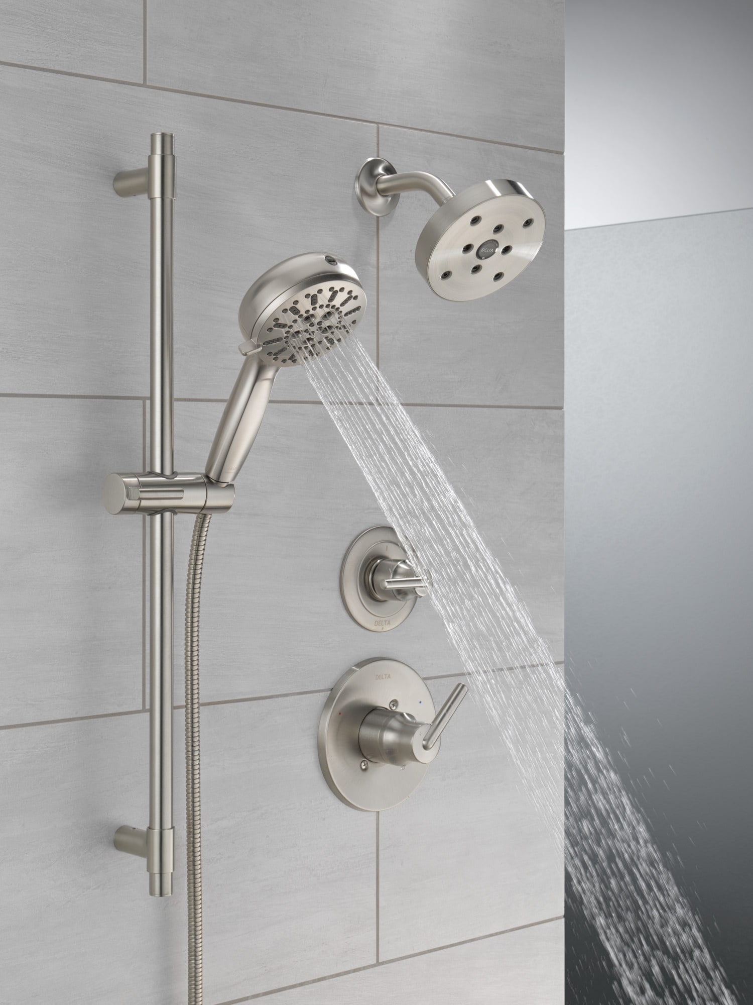 Grifo de ducha redondo de acero inoxidable con manija única y función única de 5.4 pulgadas, marca Delta Trinsic