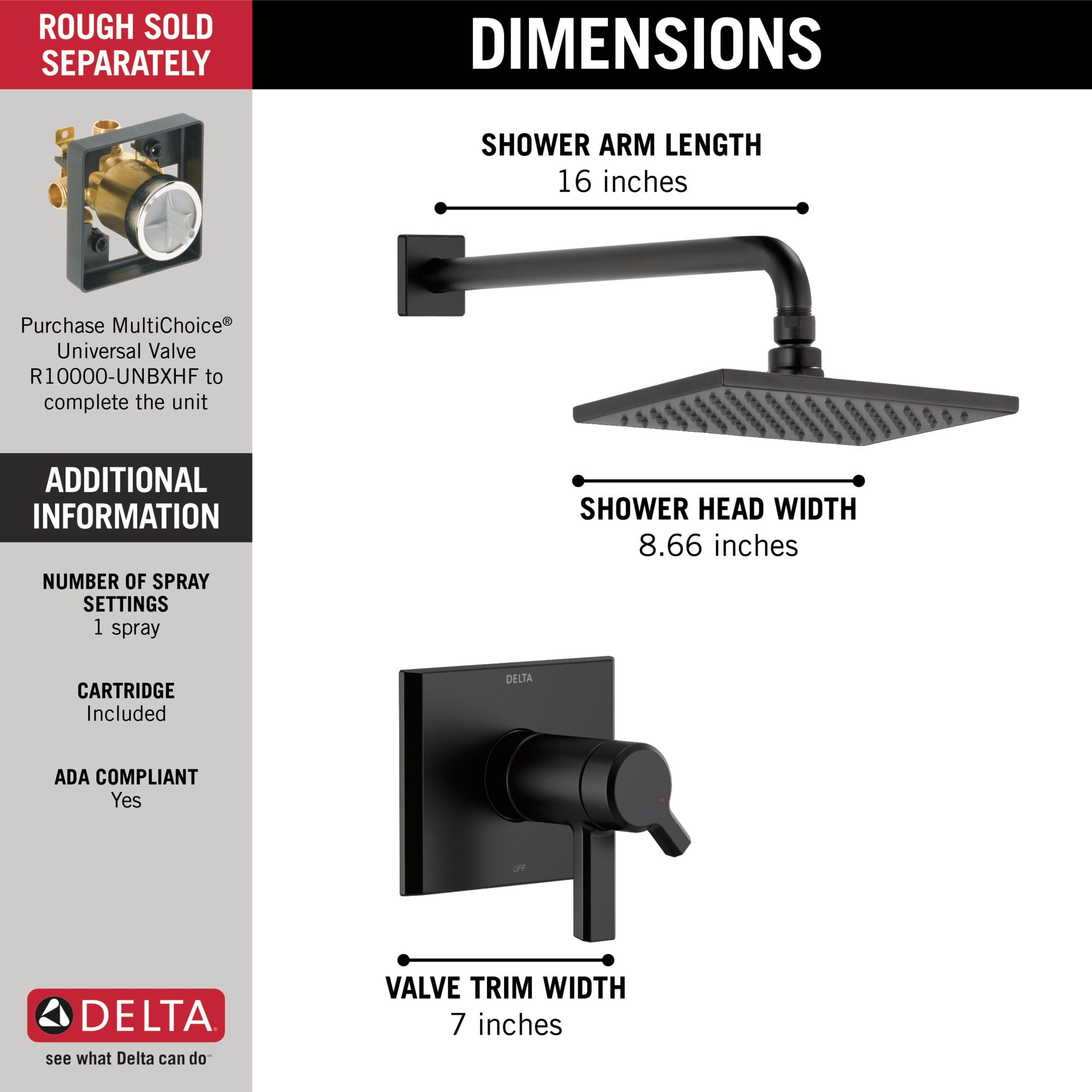 Grifo para regadera cuadrada de 5.78 pulgadas con dos manijas en negro mate de la línea Pivotal de Delta con válvula T17T299-BL