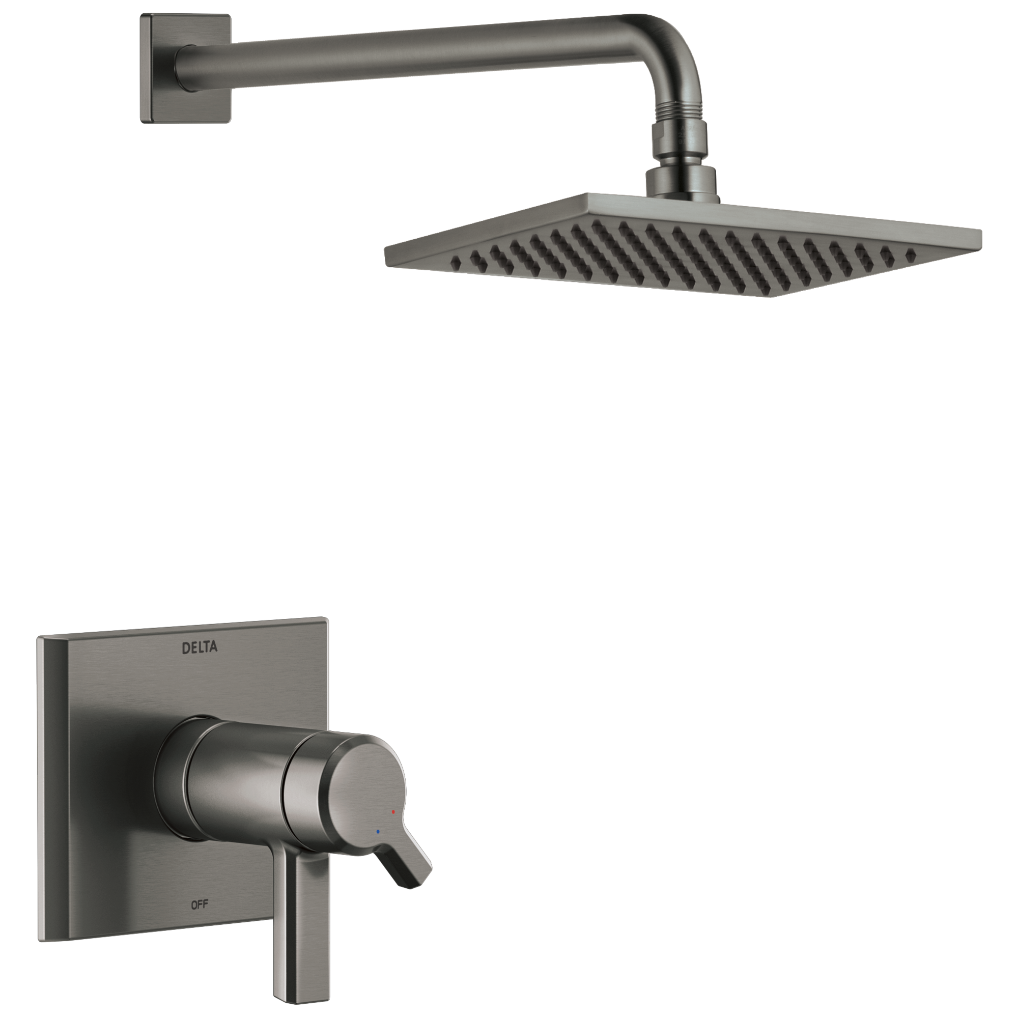 Grifo de ducha rectangular de acero inoxidable negro con dos manijas y función única de Delta Pivotal Lumicoat, con válvula 8.656 pulgadas - T17T299-KS-PR