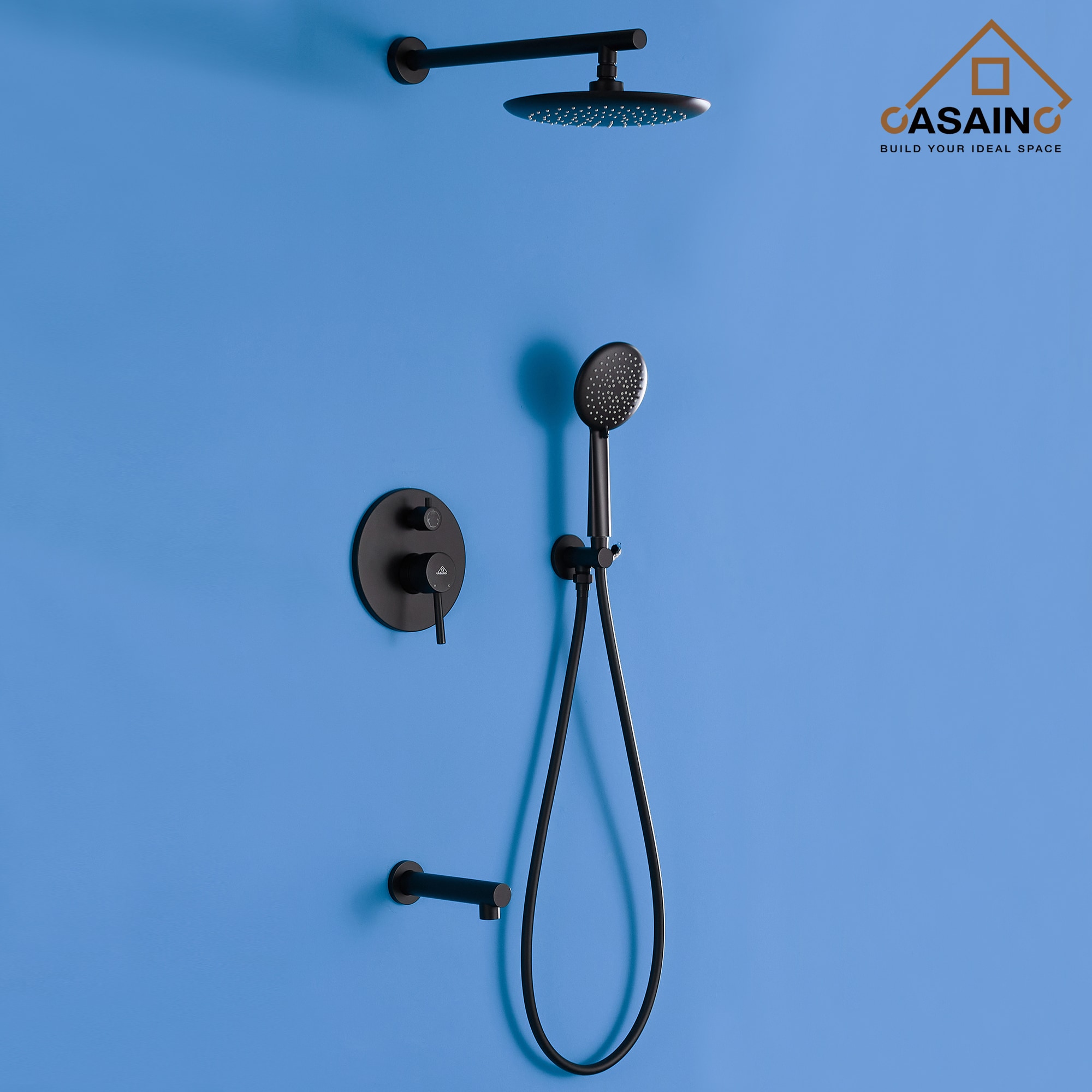 Sistema de regadera CASAINC color negro mate con 1 manija, función única, cabezal redondo de 9.5 pulgadas con válvula HM-B204-RO-MB.