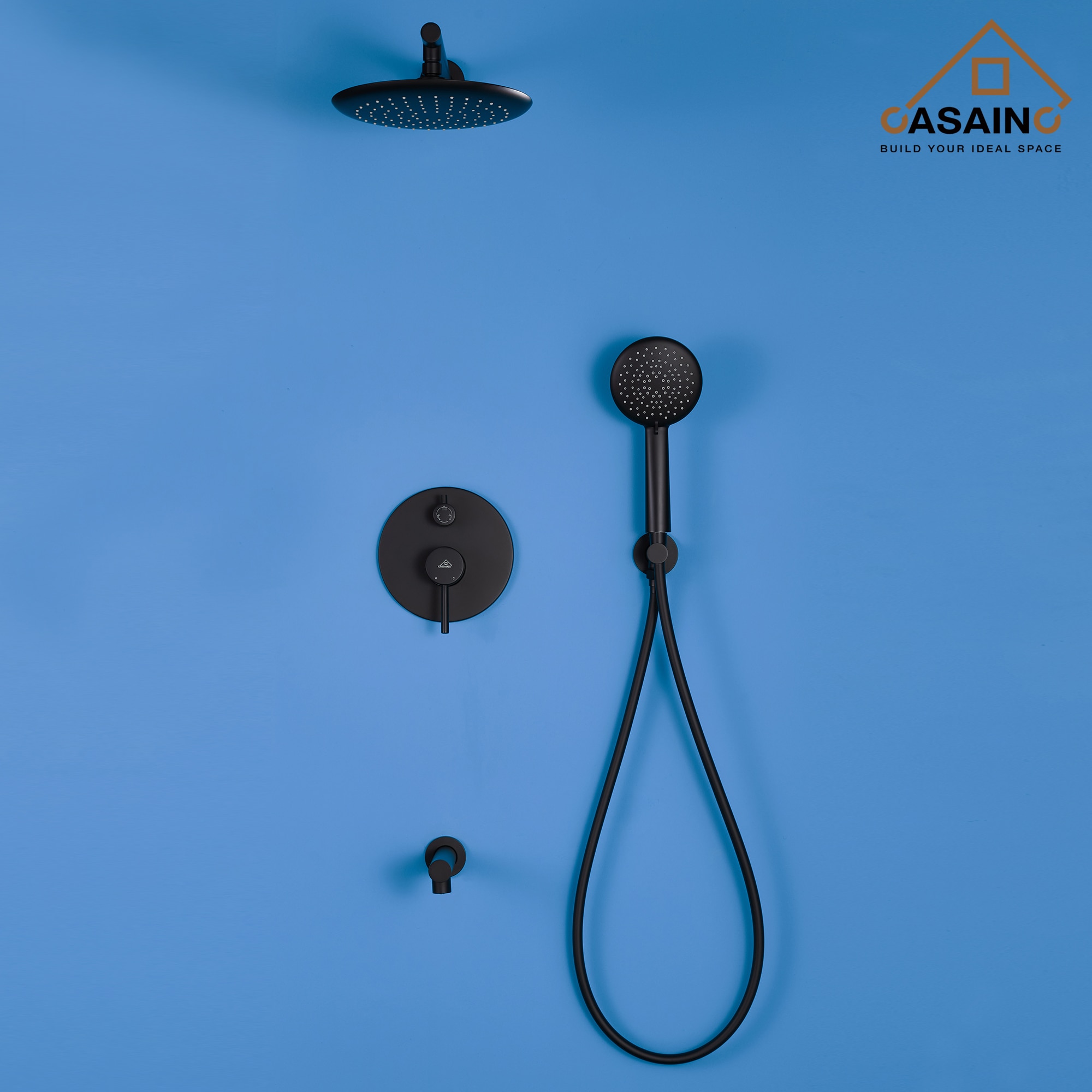 Sistema de regadera CASAINC color negro mate con 1 manija, función única, cabezal redondo de 9.5 pulgadas con válvula HM-B204-RO-MB.