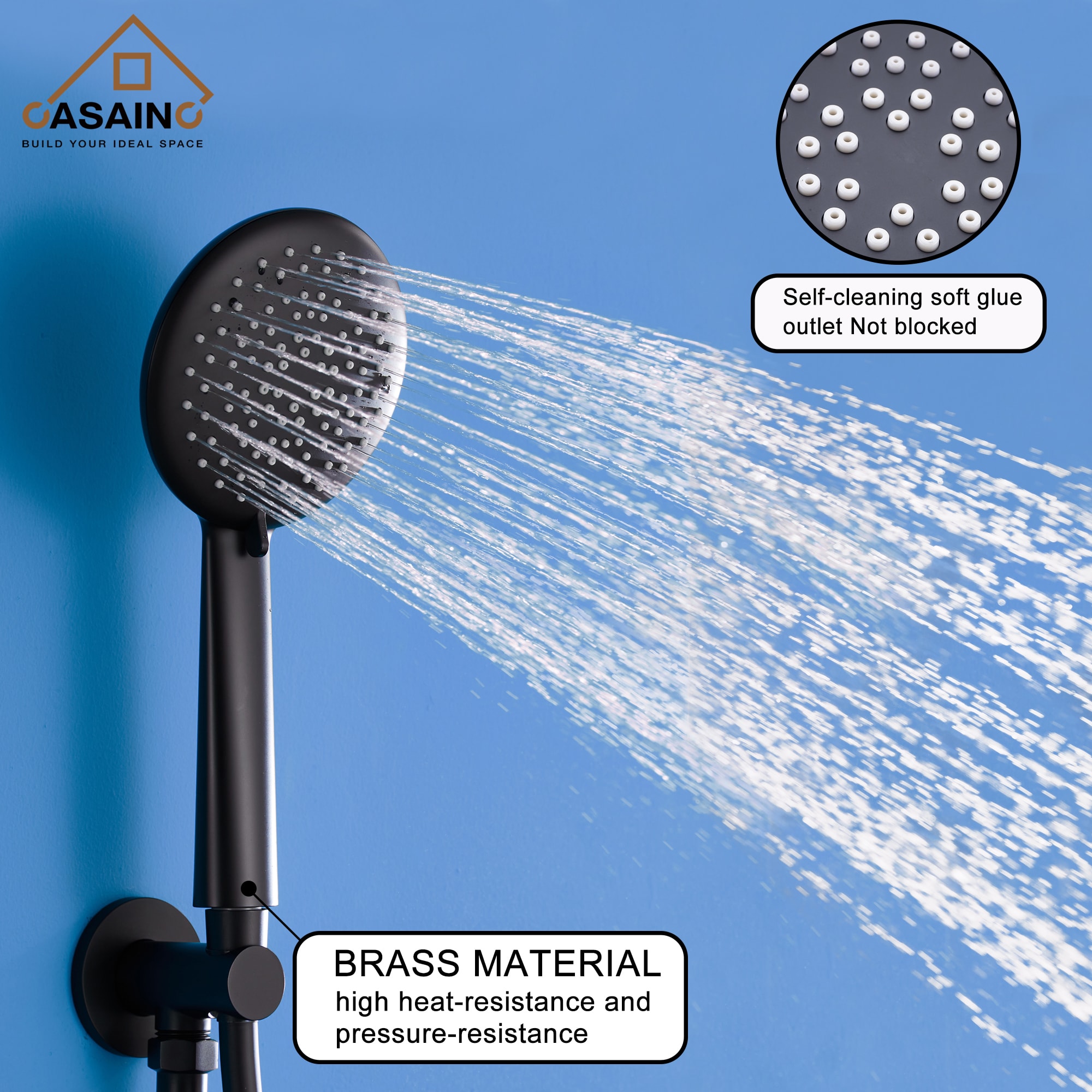 Sistema de regadera CASAINC color negro mate con 1 manija, función única, cabezal redondo de 9.5 pulgadas con válvula HM-B204-RO-MB.