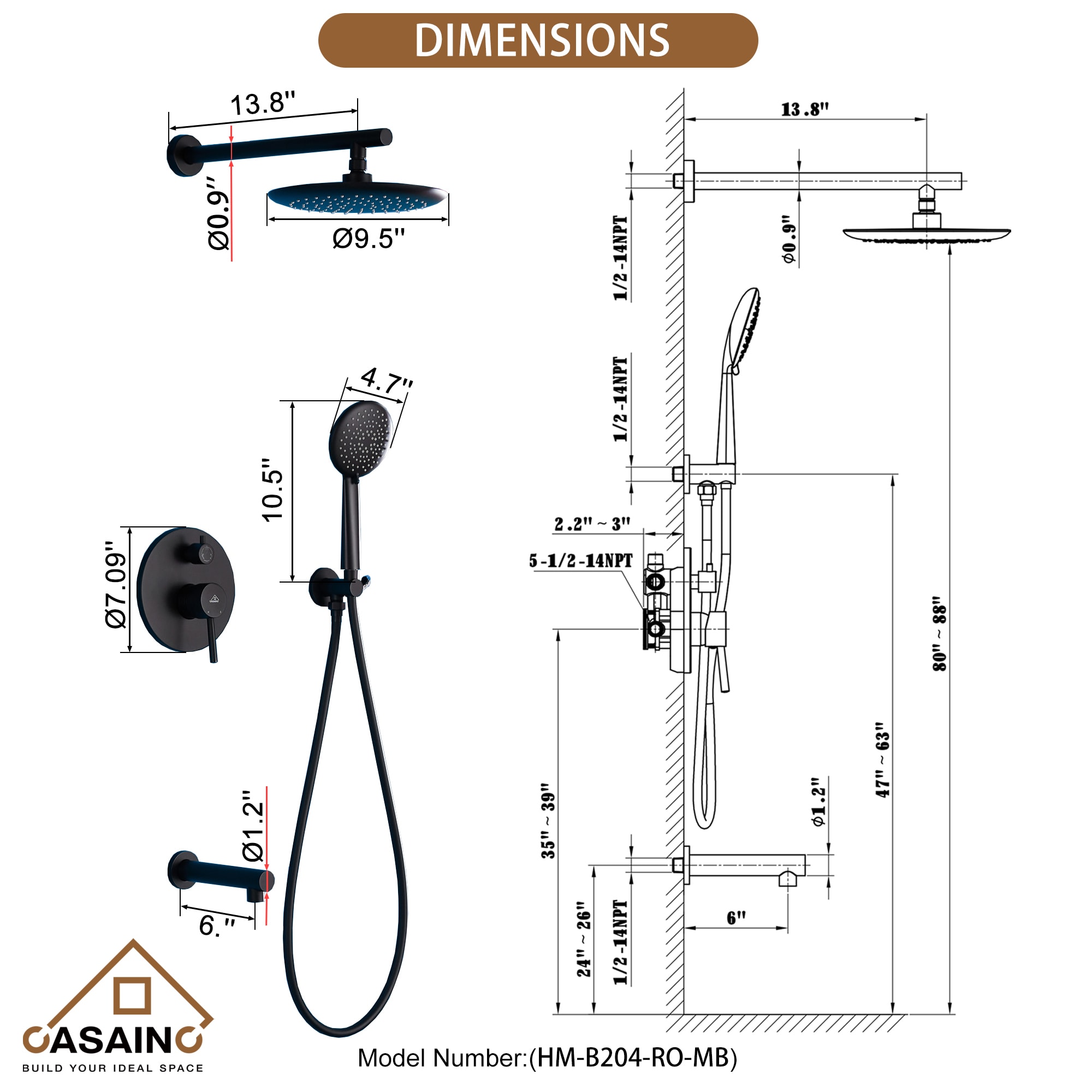 Sistema de regadera CASAINC color negro mate con 1 manija, función única, cabezal redondo de 9.5 pulgadas con válvula HM-B204-RO-MB.