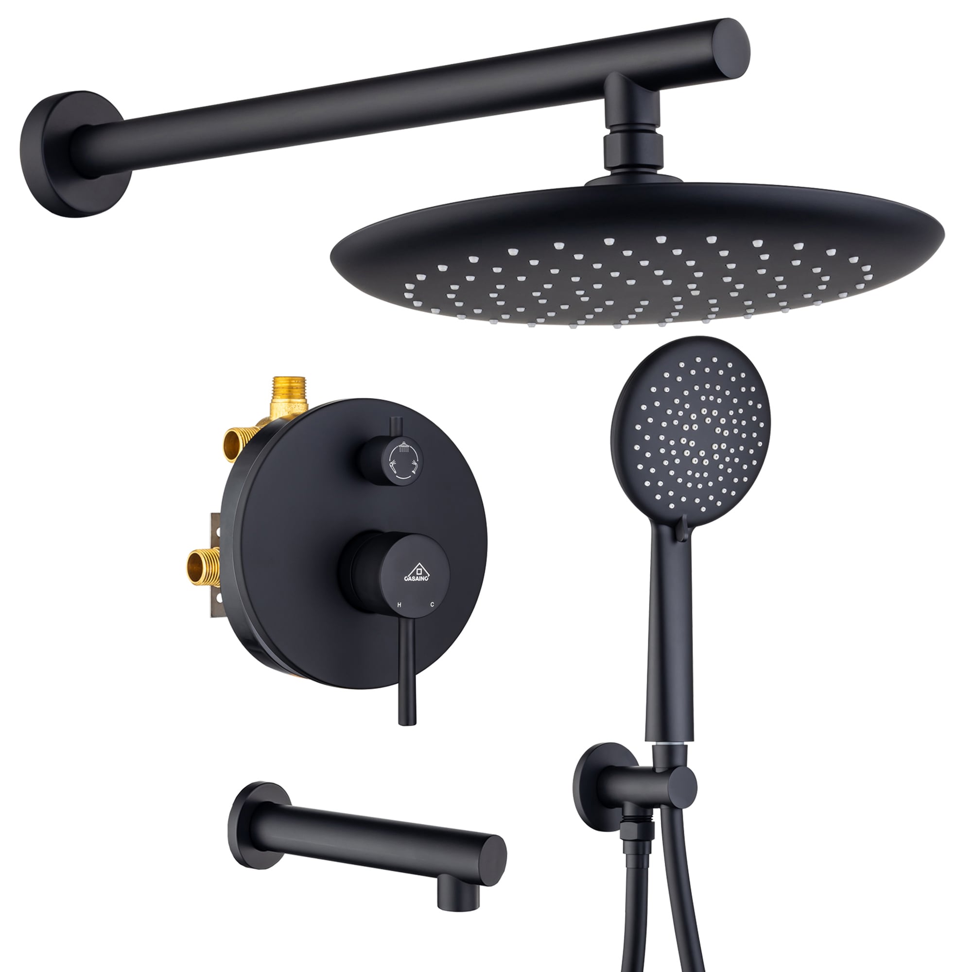 Sistema de regadera CASAINC color negro mate con 1 manija, función única, cabezal redondo de 9.5 pulgadas con válvula HM-B204-RO-MB.