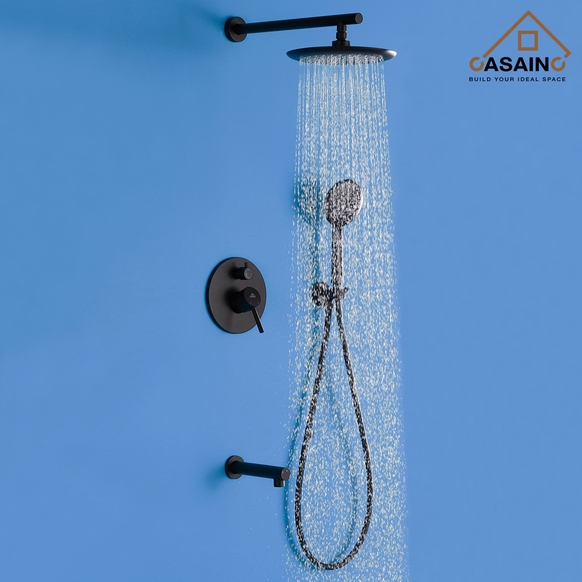 Sistema de regadera CASAINC color negro mate con 1 manija, función única, cabezal redondo de 9.5 pulgadas con válvula HM-B204-RO-MB.
