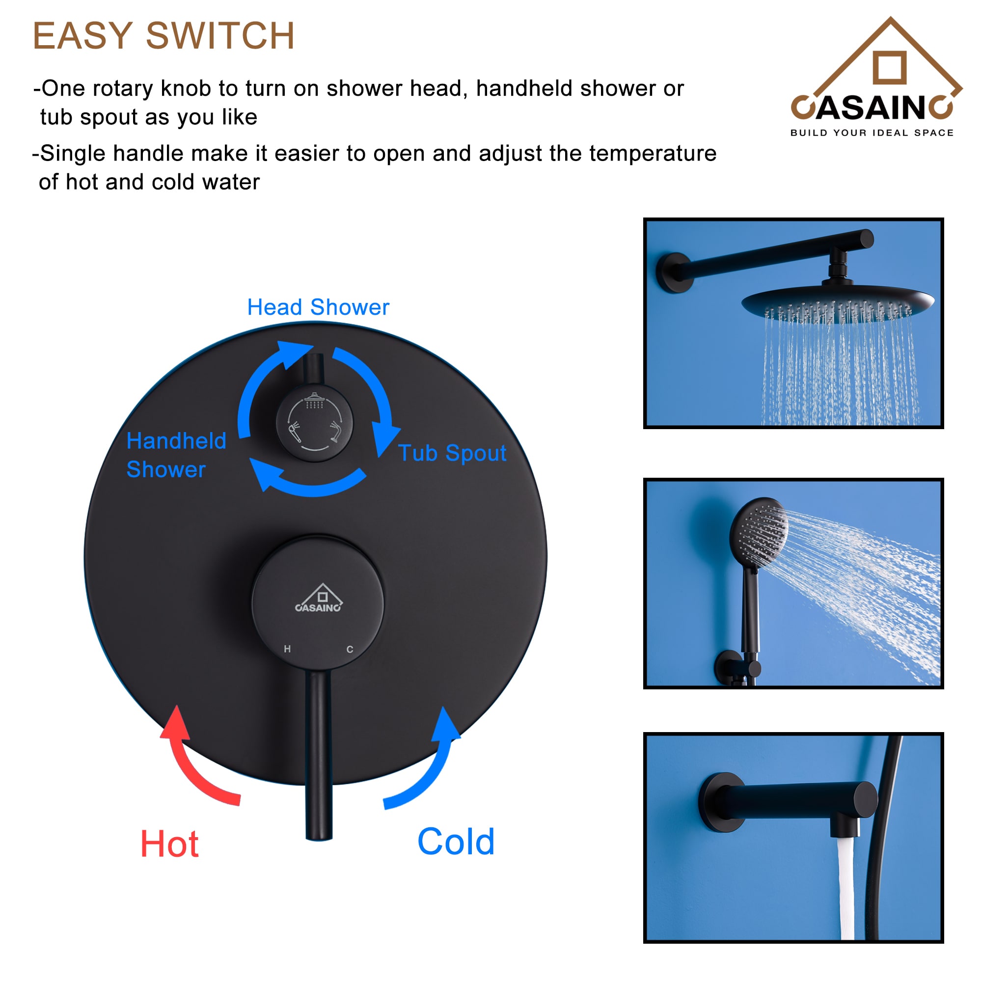 Sistema de regadera CASAINC color negro mate con 1 manija, función única, cabezal redondo de 9.5 pulgadas con válvula HM-B204-RO-MB.