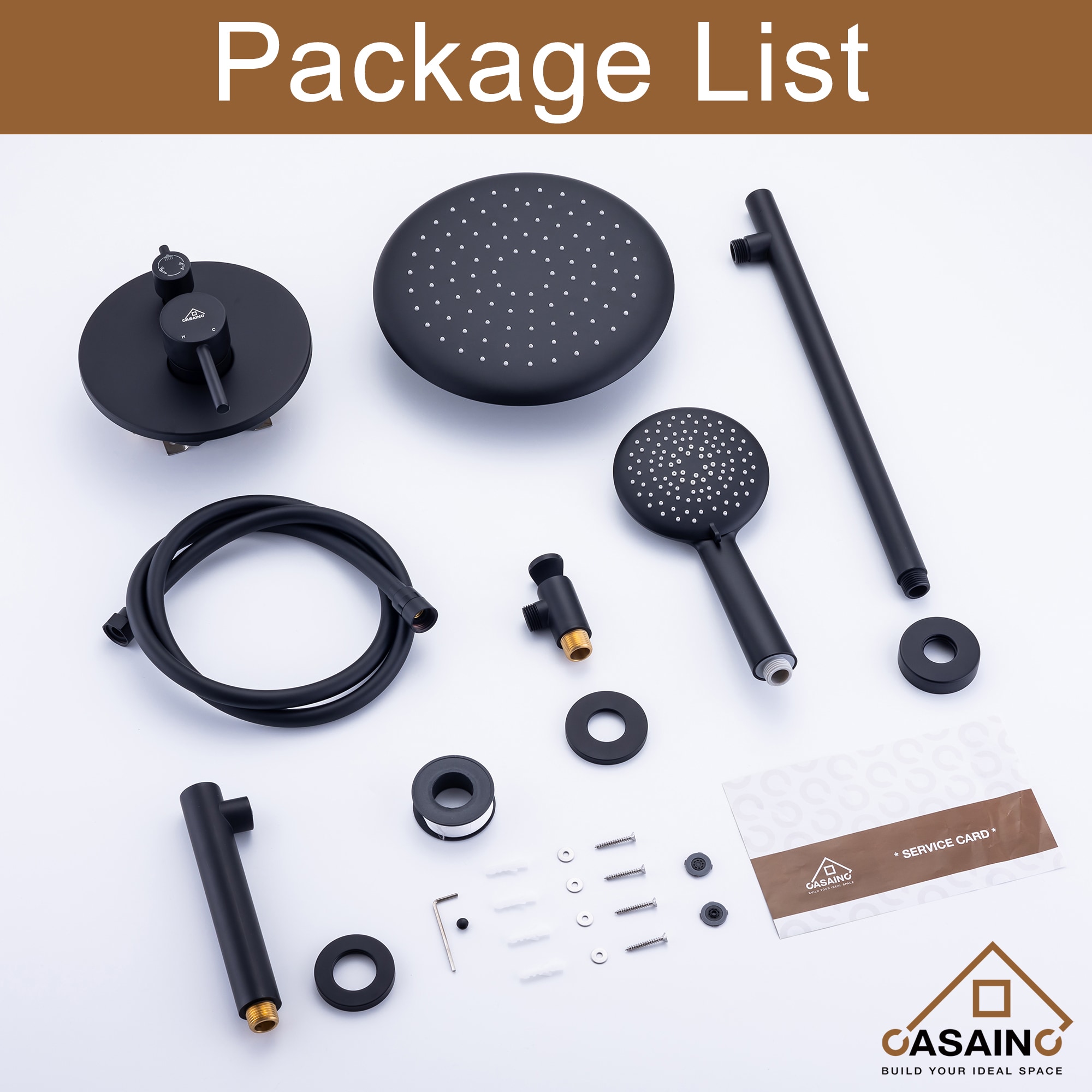 Sistema de regadera CASAINC color negro mate con 1 manija, función única, cabezal redondo de 9.5 pulgadas con válvula HM-B204-RO-MB.