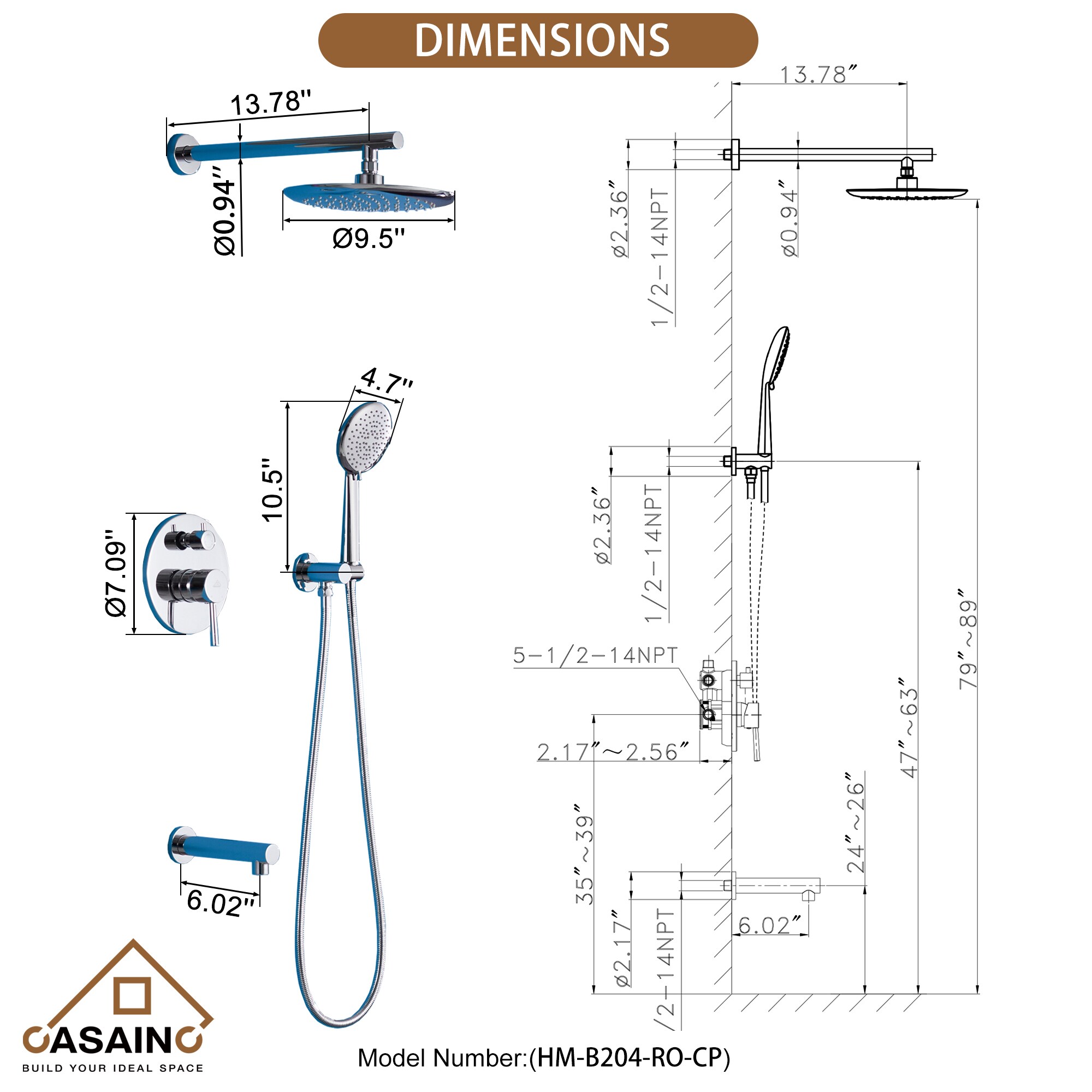 Sistema de regadera CASAINC cromado de 1 manija y función única de 9.5 pulgadas con válvula HM-B204-RO-CP