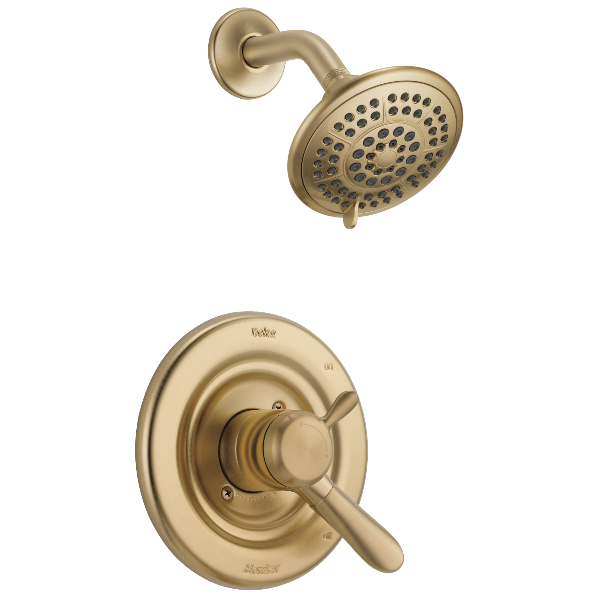 Grifo de ducha redondo de dos manijas y función múltiple en bronce dorado champán Lahara Delta T17238-CZ, 5.1250 pulgadas.
