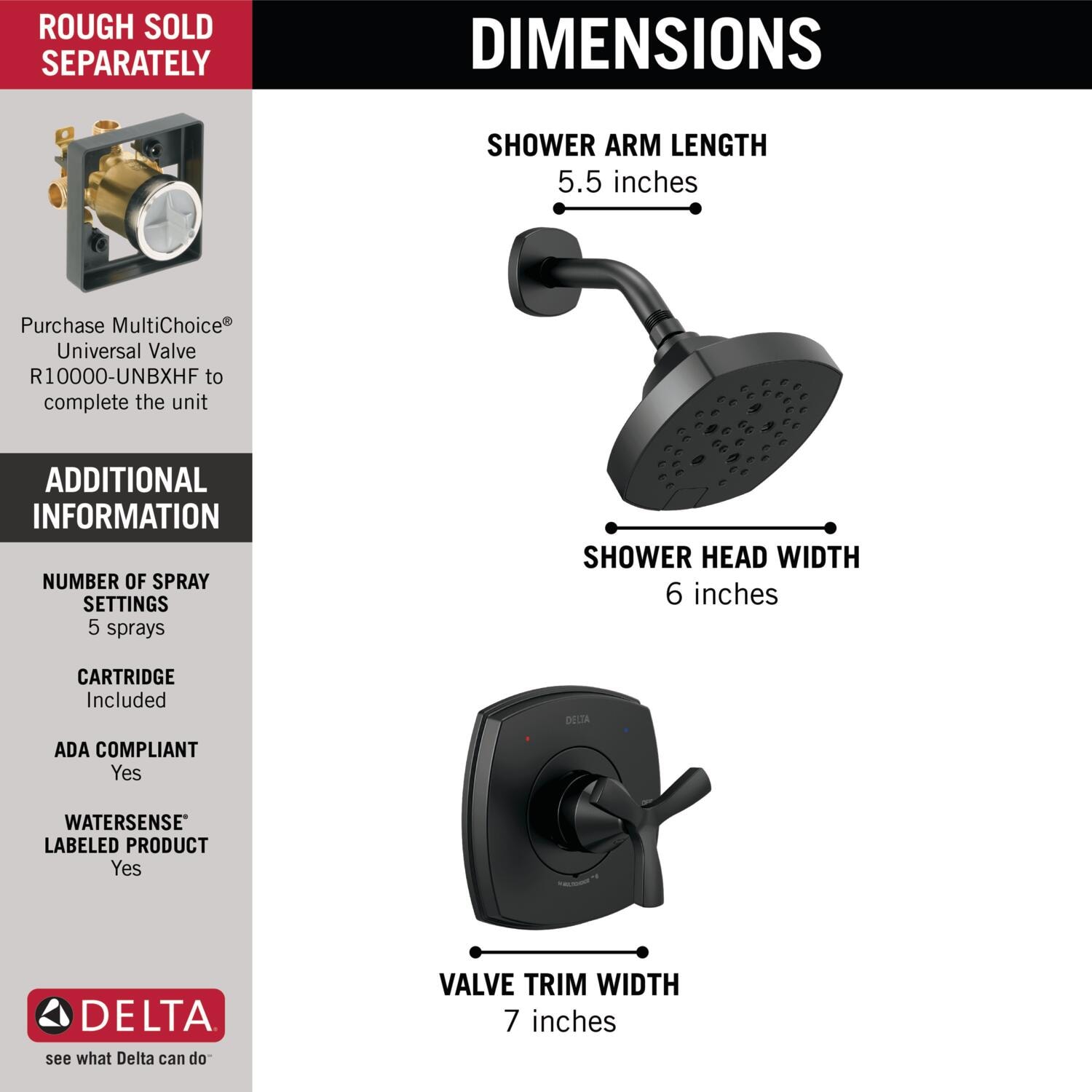 Regadera redonda de 7.0 pulgadas con válvula de grifo mate negro de una sola manija y funciones múltiples Delta Stryke T142766-BL