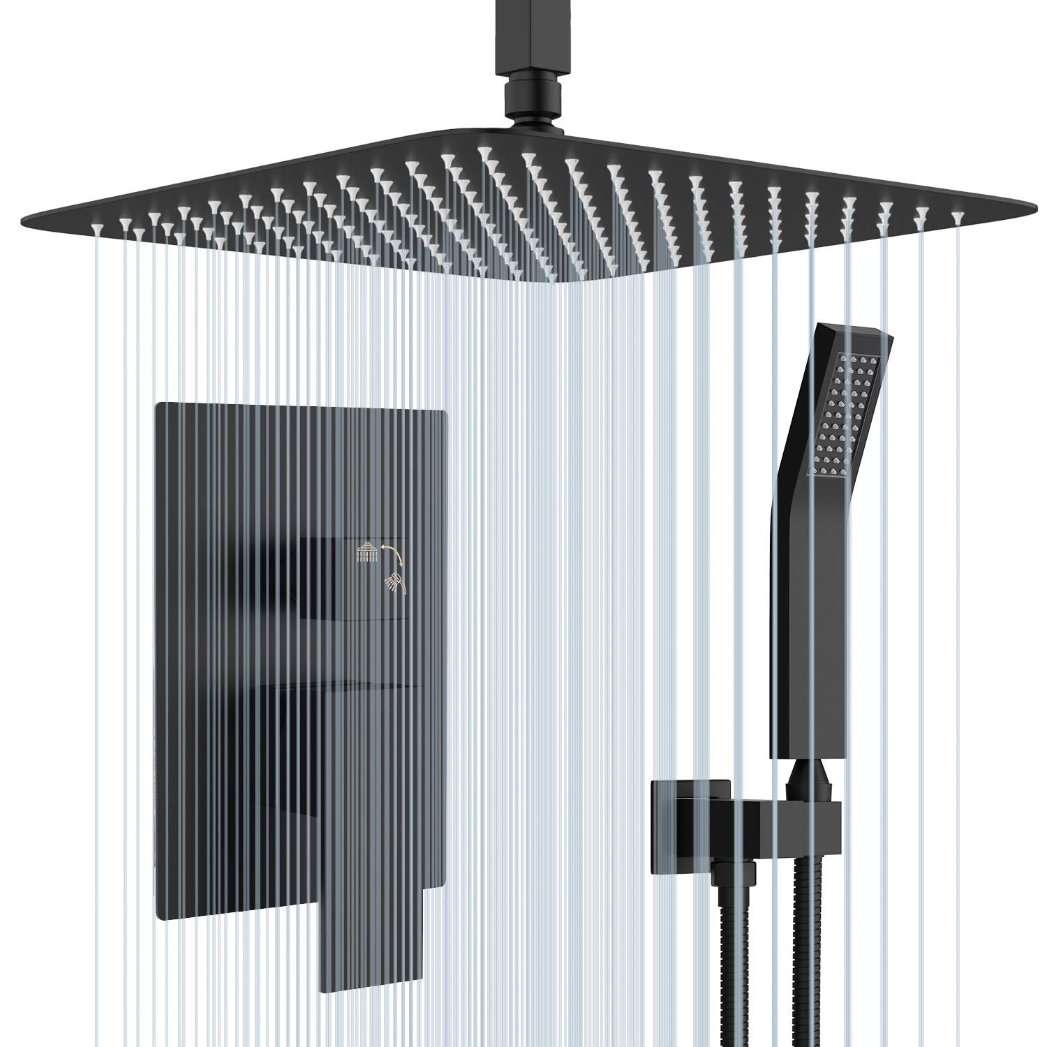 Sistema de ducha de lluvia WELLFOR DT, grifería de ducha negra mate de 1 manija, función única, 12 pulgadas, cabezal de ducha cuadrado con válvula DTG-806CS12MB.