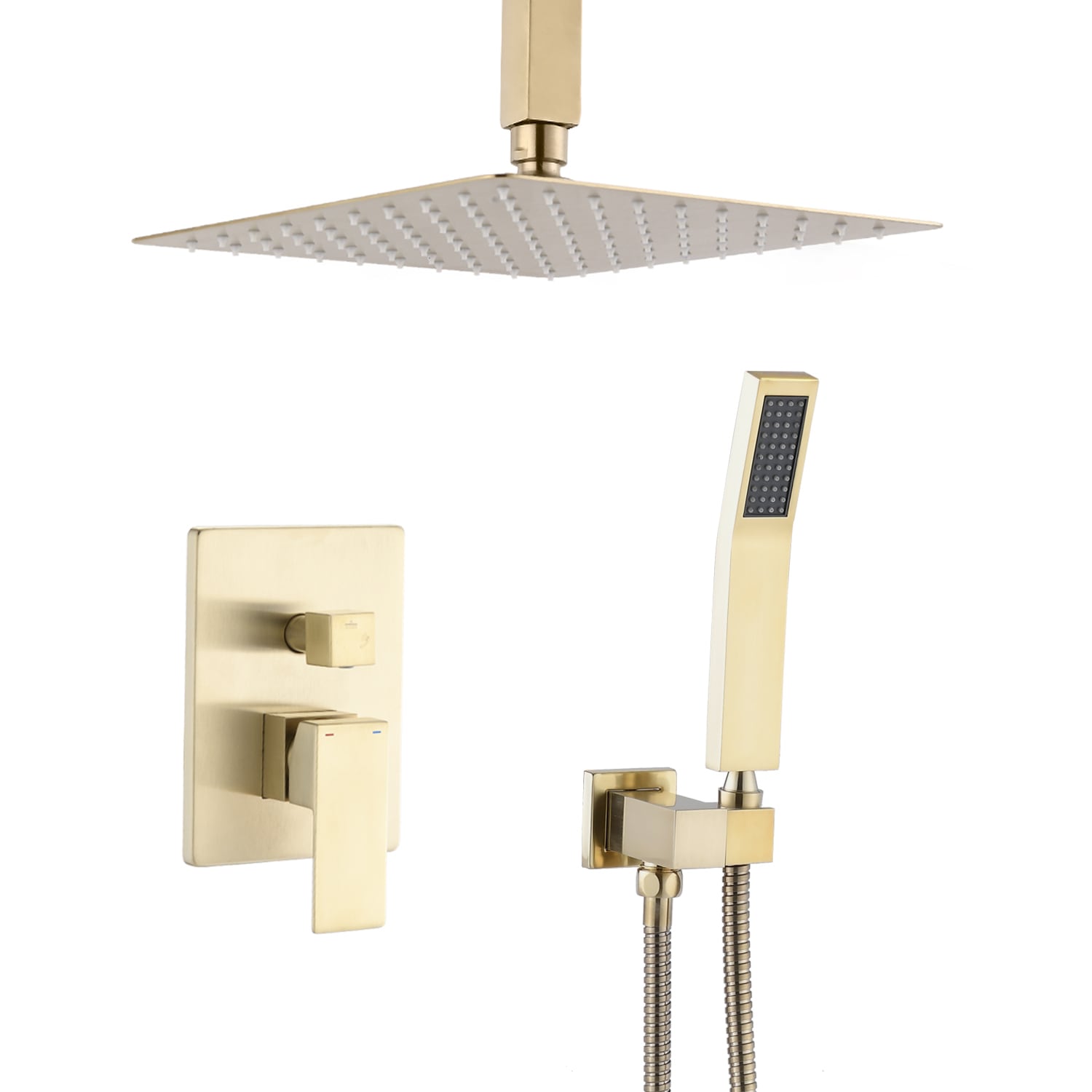 Sistema de regadera de lluvia WELLFOR DT Grifo de regadera en dorado cepillado con 1 mango y función única de 12 pulgadas, cabezal cuadrado con válvula DTG-806CS12BG