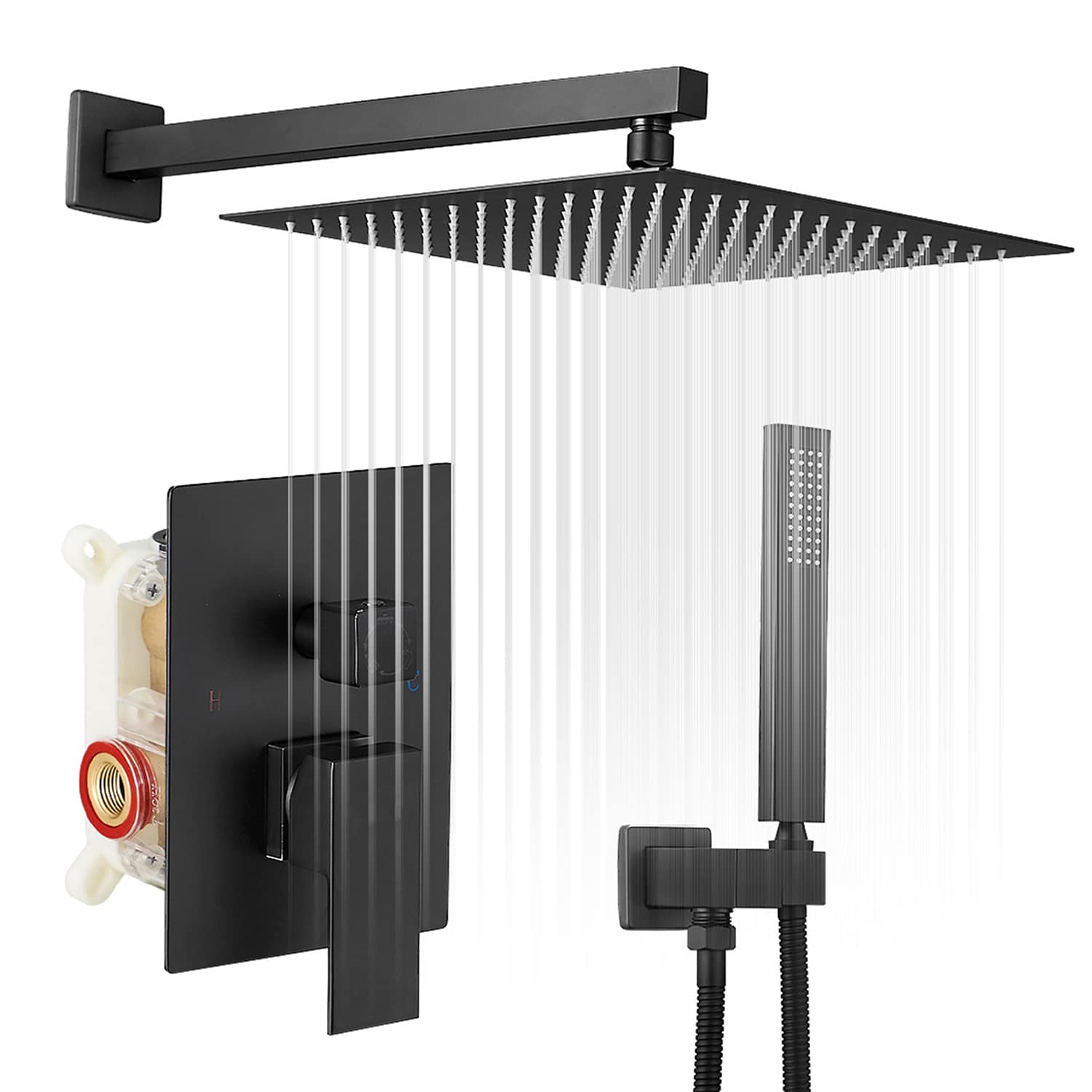 Mezcladora de regadera negra mate de 1 manija con función múltiple de 12 pulgadas cuadradas con válvula A-95014-NEGRO