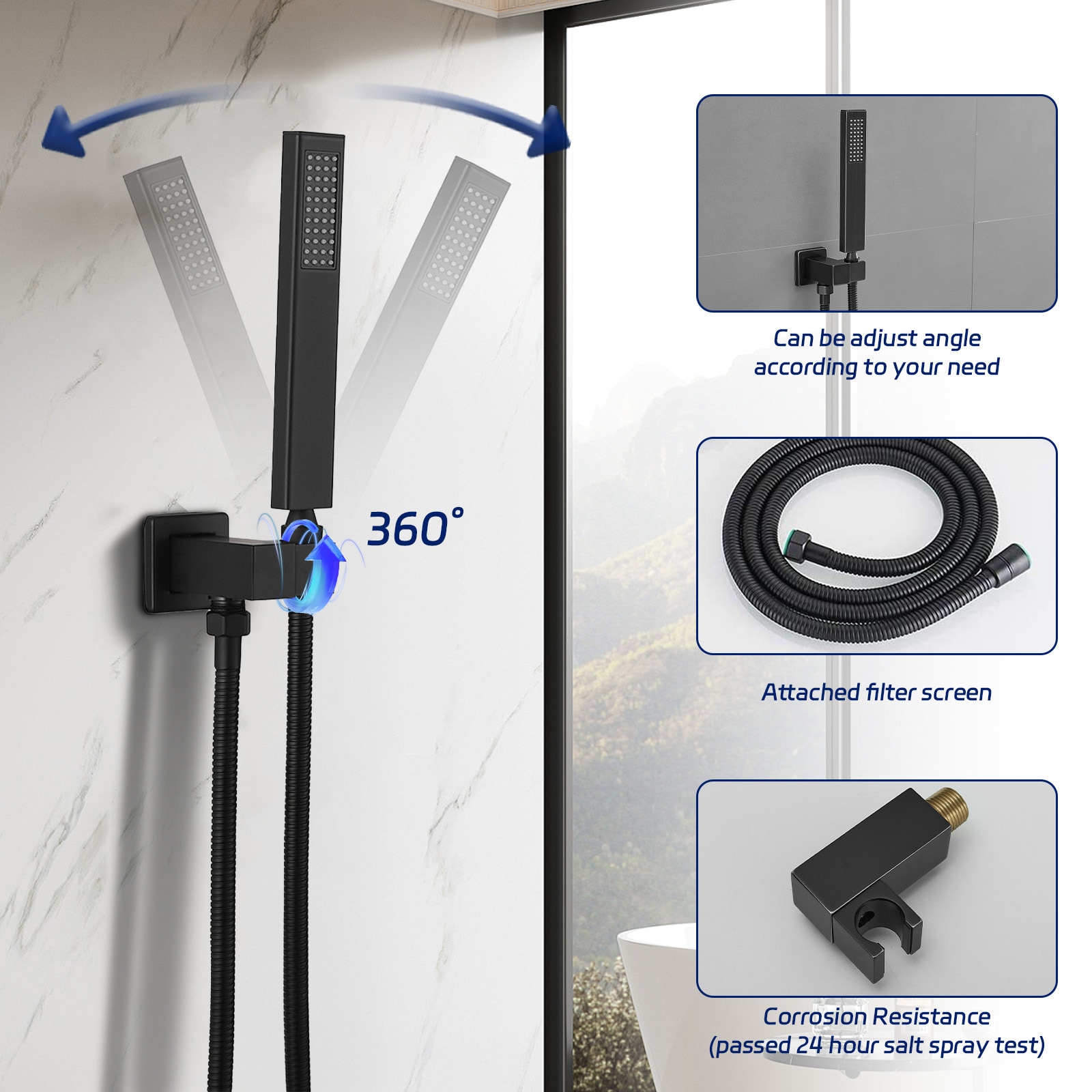Mezcladora de regadera negra mate de 1 manija con función múltiple de 12 pulgadas cuadradas con válvula A-95014-NEGRO