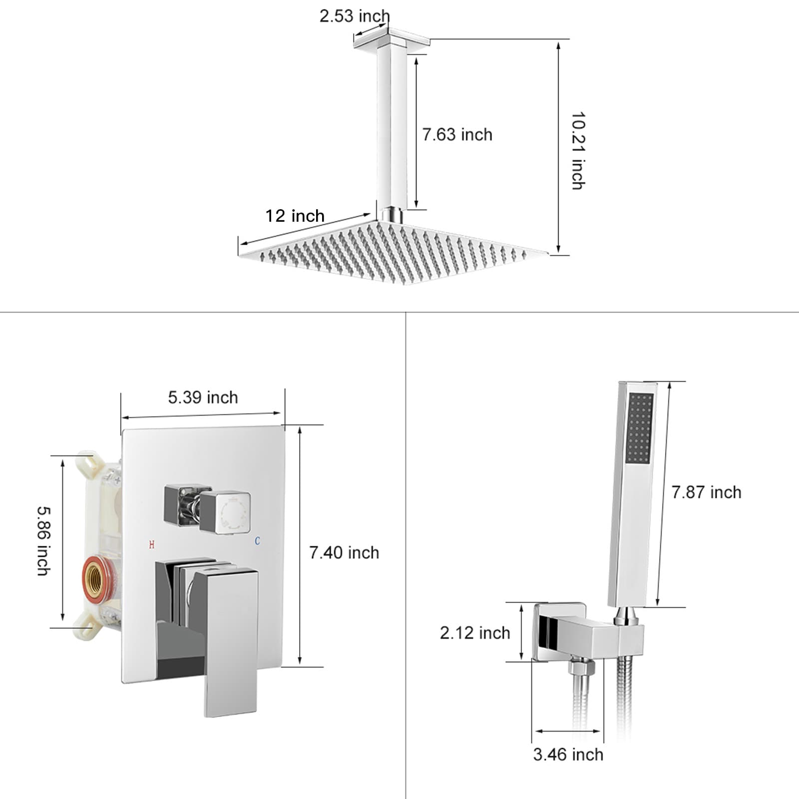 Regadera Monomando Multifuncional Cuadrada de 12 pulgadas con Válvula en Cromo Pulido A-95014