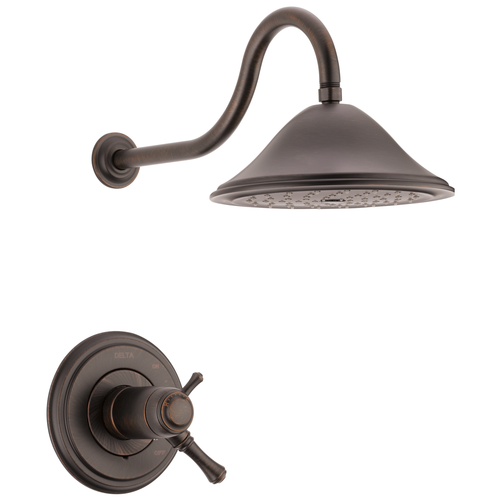 Regadera redonda de 9.3750 pulgadas con válvula termostática y dos manijas en acabado bronce veneciano, función única - Cassidy Delta T17T297-RB