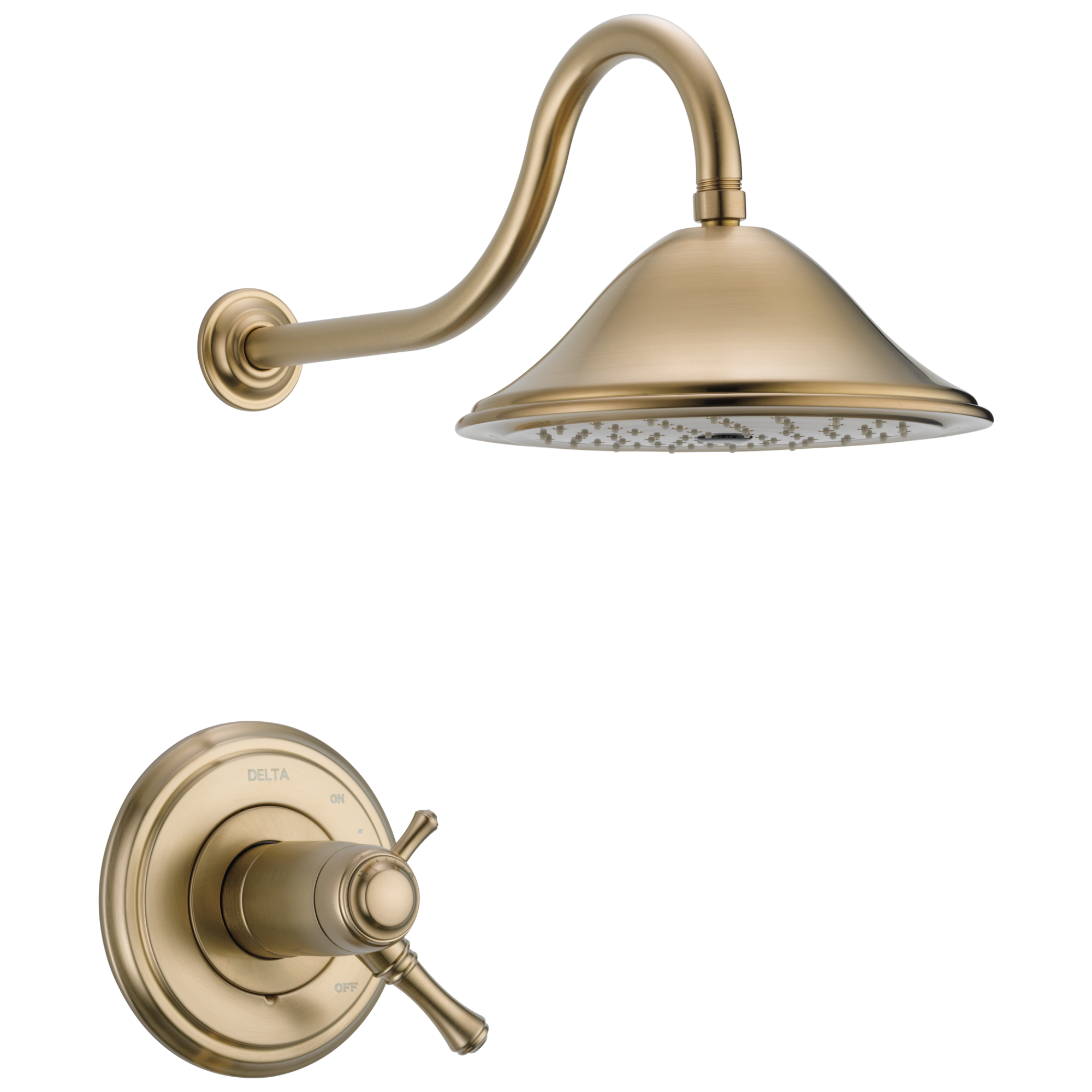 Grifo de ducha redondo de 9.375 pulgadas con dos manijas en bronce champagne de la marca Delta Cassidy con función termostática.