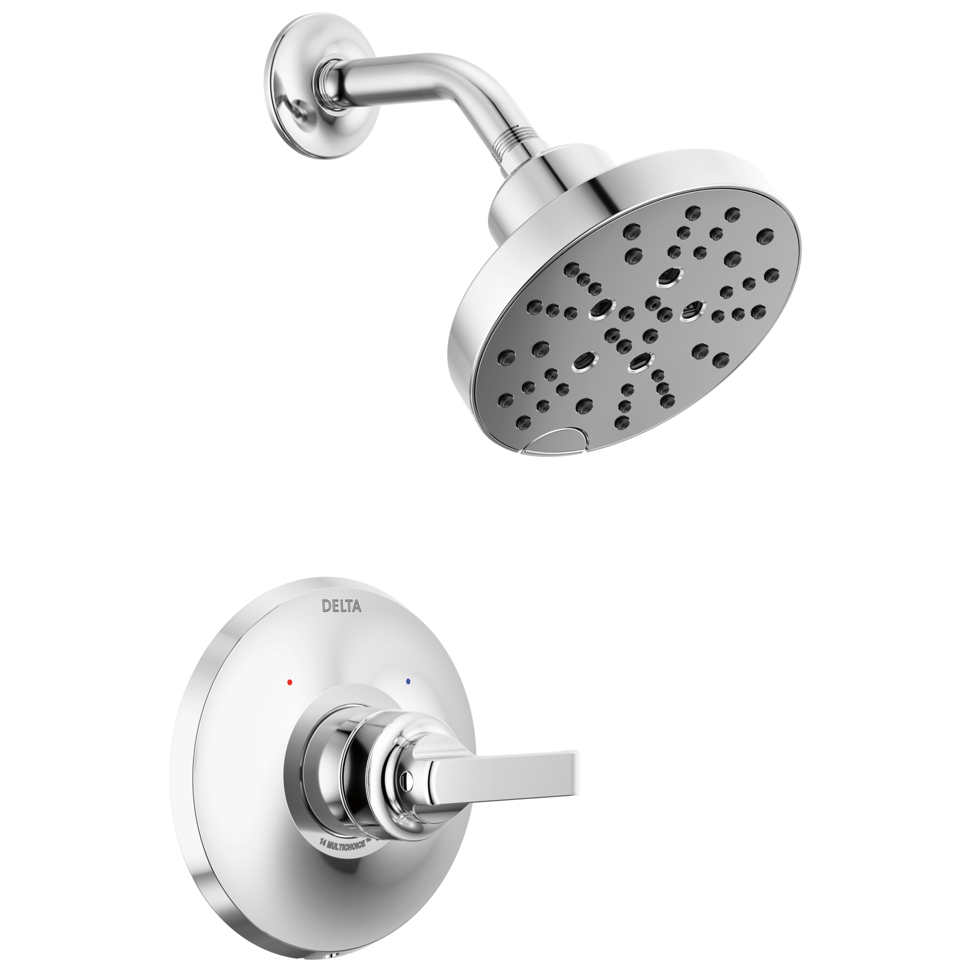 Grifo de ducha redondo de 6 pulgadas con recubrimiento lumínico cromado de una sola manija y funciones múltiples Delta Tetra T14289-PR.