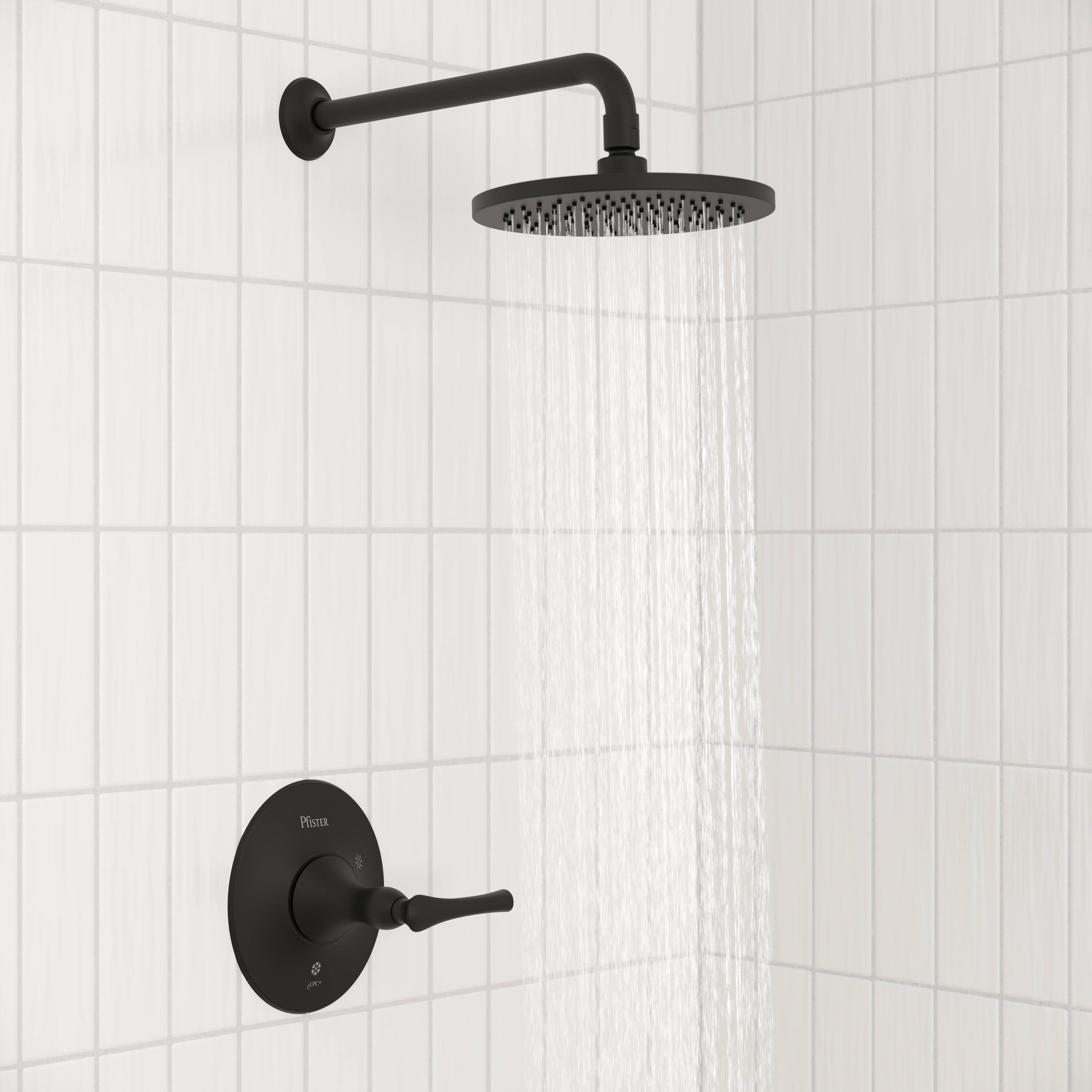 Grifo de ducha redondo de 7.875 pulgadas en negro mate de una manija y función única Pfister Rhen con válvulaLG89-7RHB-0X8-310A-L