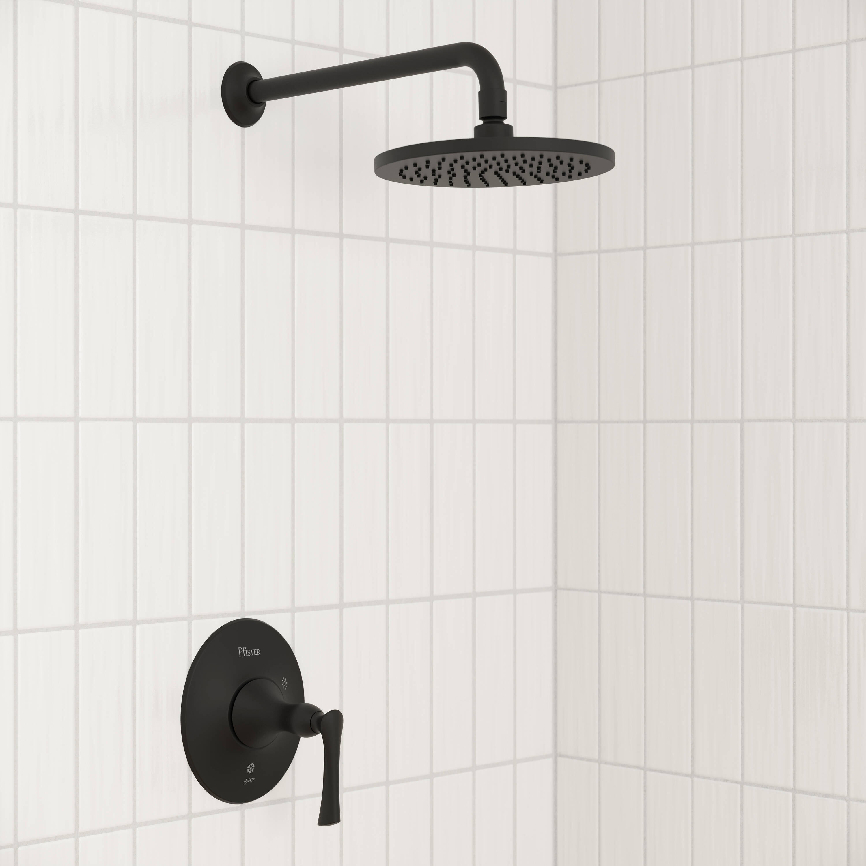 Grifo de ducha redondo de 7.875 pulgadas en negro mate de una manija y función única Pfister Rhen con válvulaLG89-7RHB-0X8-310A-L