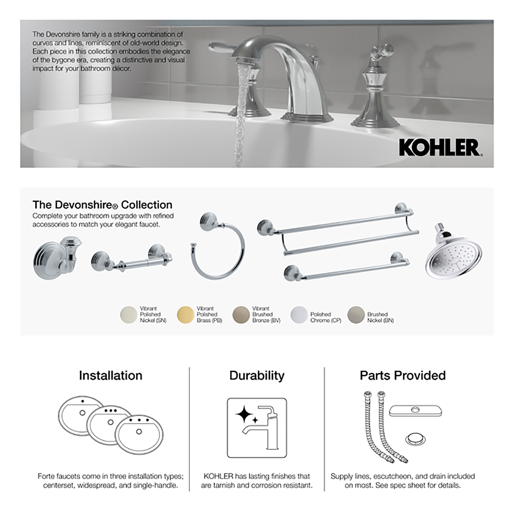 Llave de regadera de una manija KOHLER Devonshire cromada pulida, se vende por separado - Modelo TLS396-4-CP