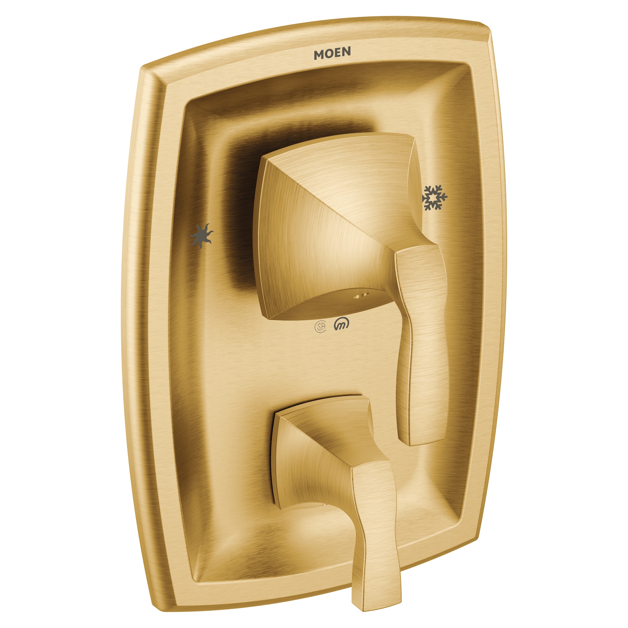 Grifo de regadera de dos manijas en color dorado cepillado Voss de Moen, se vende por separado.