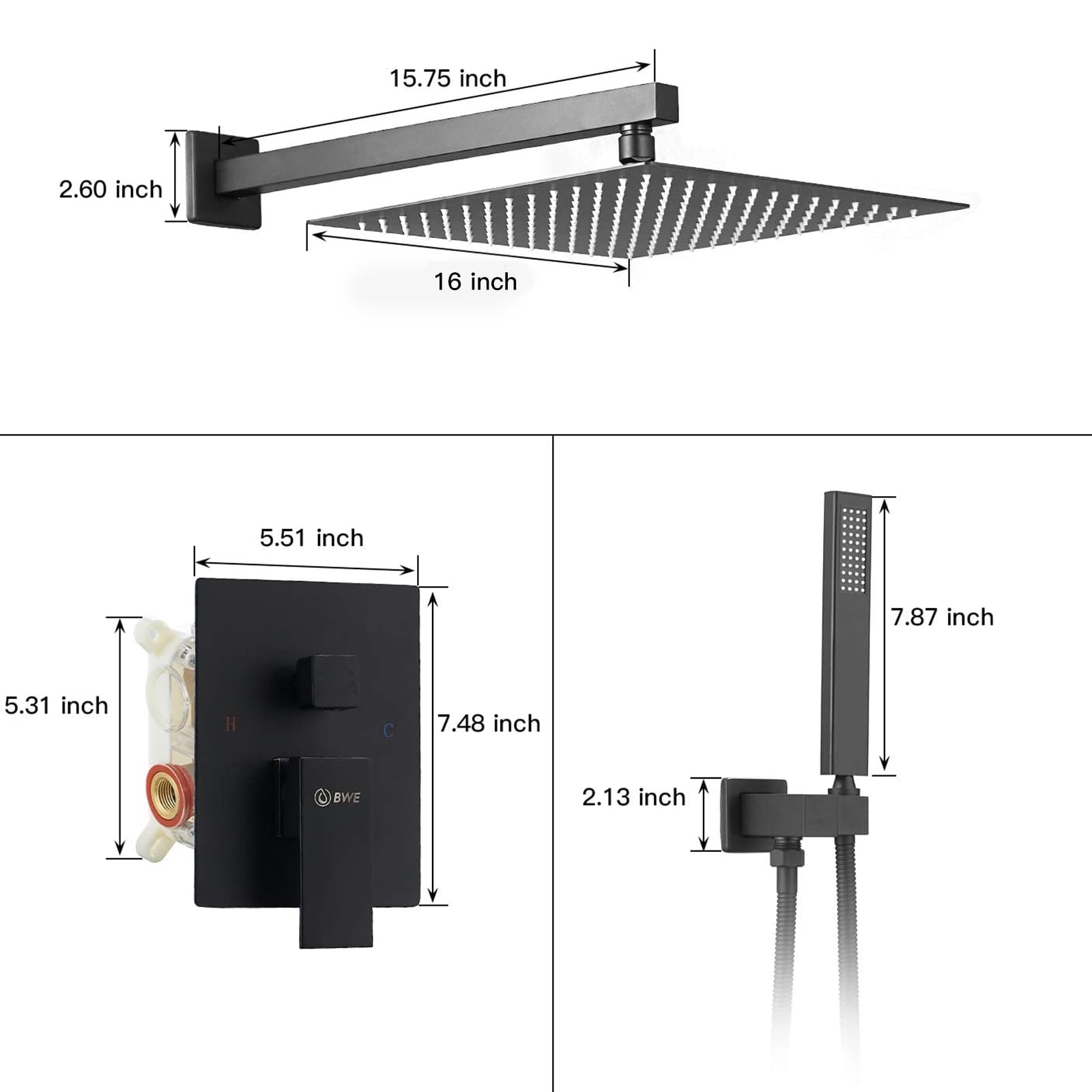 Grifo de ducha negro mate de 1 manija multifunción de 16 pulgadas con válvula - A-95016-NEGRO