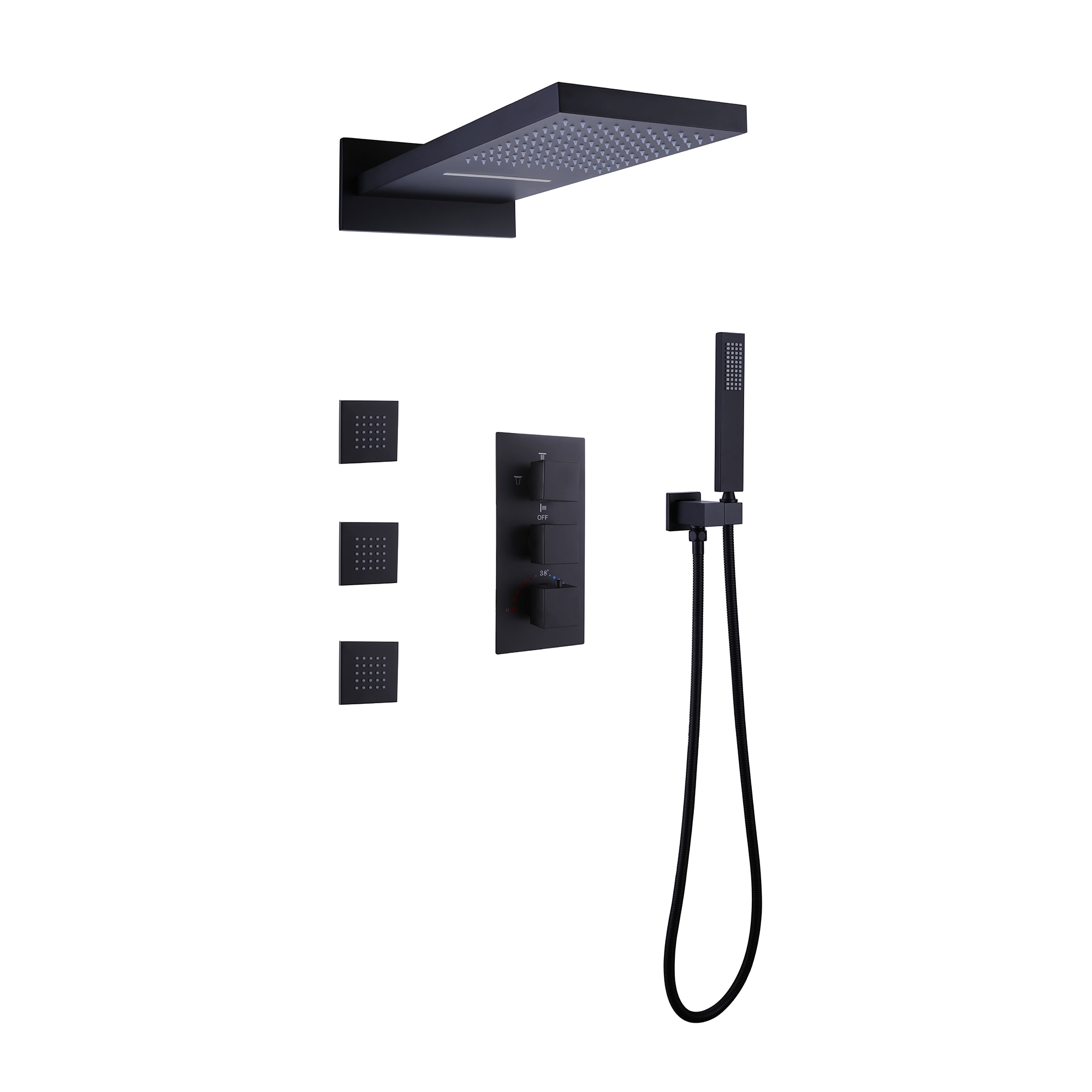 Grifo de ducha rectangular de 10 pulgadas con válvula y 3 manijas en negro mate de Nestfair