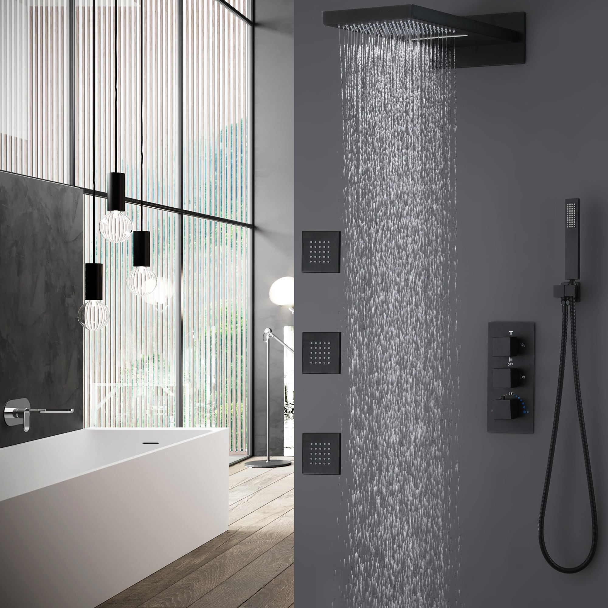 Grifo de ducha rectangular de 10 pulgadas con válvula y 3 manijas en negro mate de Nestfair