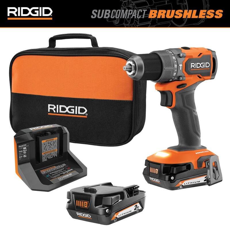 Traducción: Juego de Taladro Percutor Inalámbrico RIDGID 18V SubCompact con Motor Brushless de 1/2 pulgadas, incluye (2) Baterías de 2.0 Ah, Cargador y Bolsa - R87112K