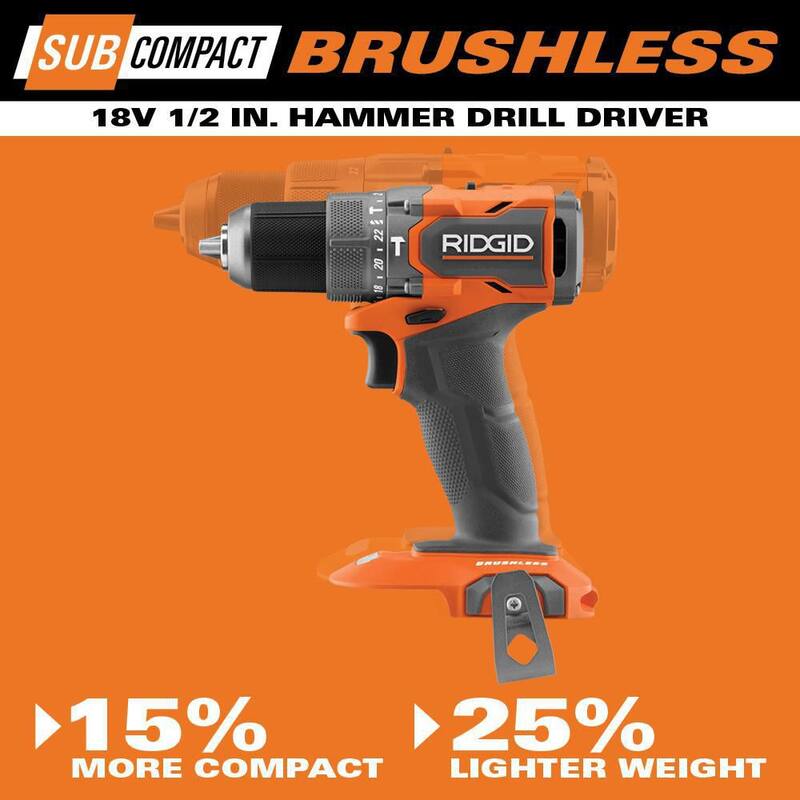 Traducción: Juego de Taladro Percutor Inalámbrico RIDGID 18V SubCompact con Motor Brushless de 1/2 pulgadas, incluye (2) Baterías de 2.0 Ah, Cargador y Bolsa - R87112K