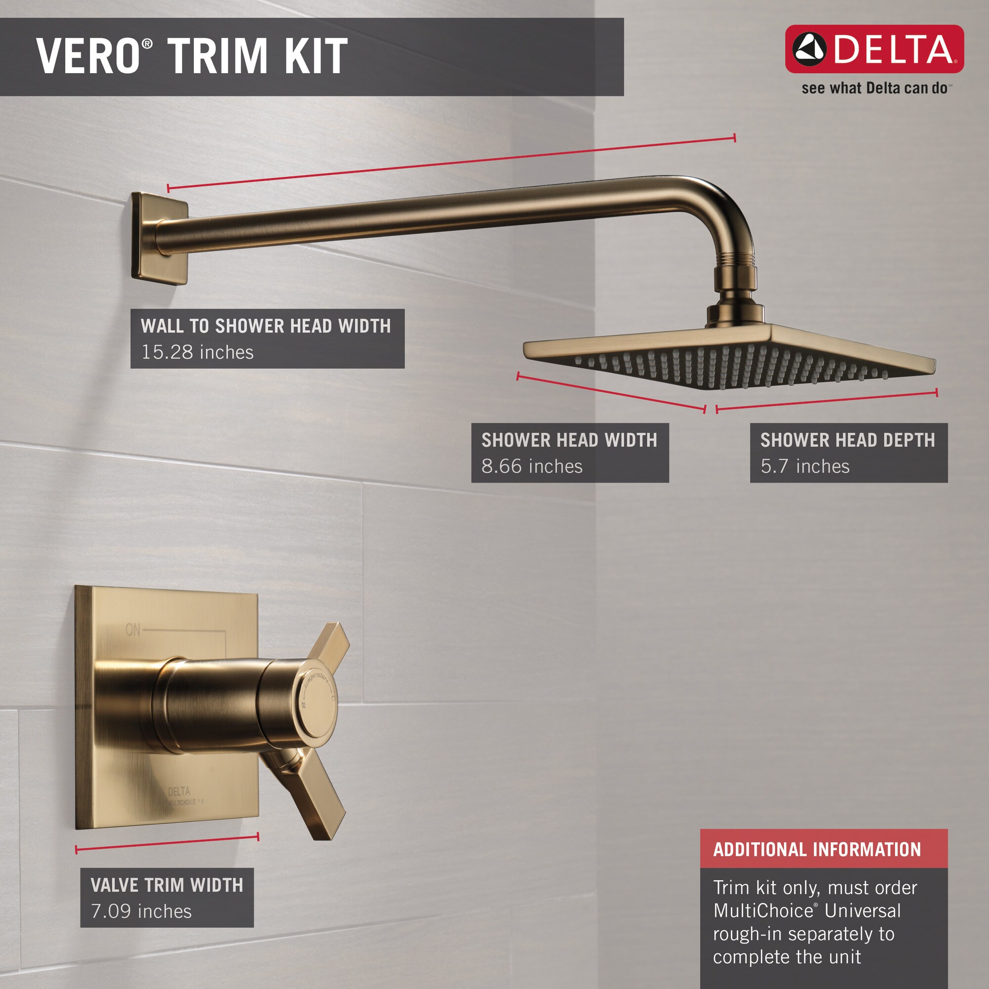 Grifo de Ducha de 2 Manijas Delta Vero TempAssure en Bronce Champagne de Función Única y 5.7 Pulgadas Cuadradas, Modelo T17T253-CZ-WE