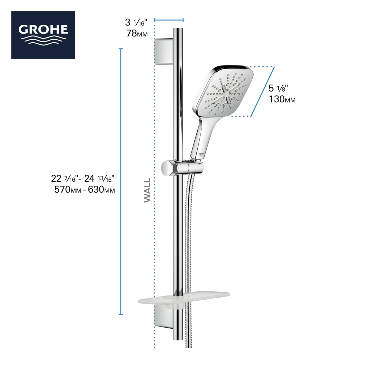 Regadera de mano cuadrada de níquel cepillado con un solo mango GROHE Rainshower 5.13 pulgadas - Modelo 26585EN0