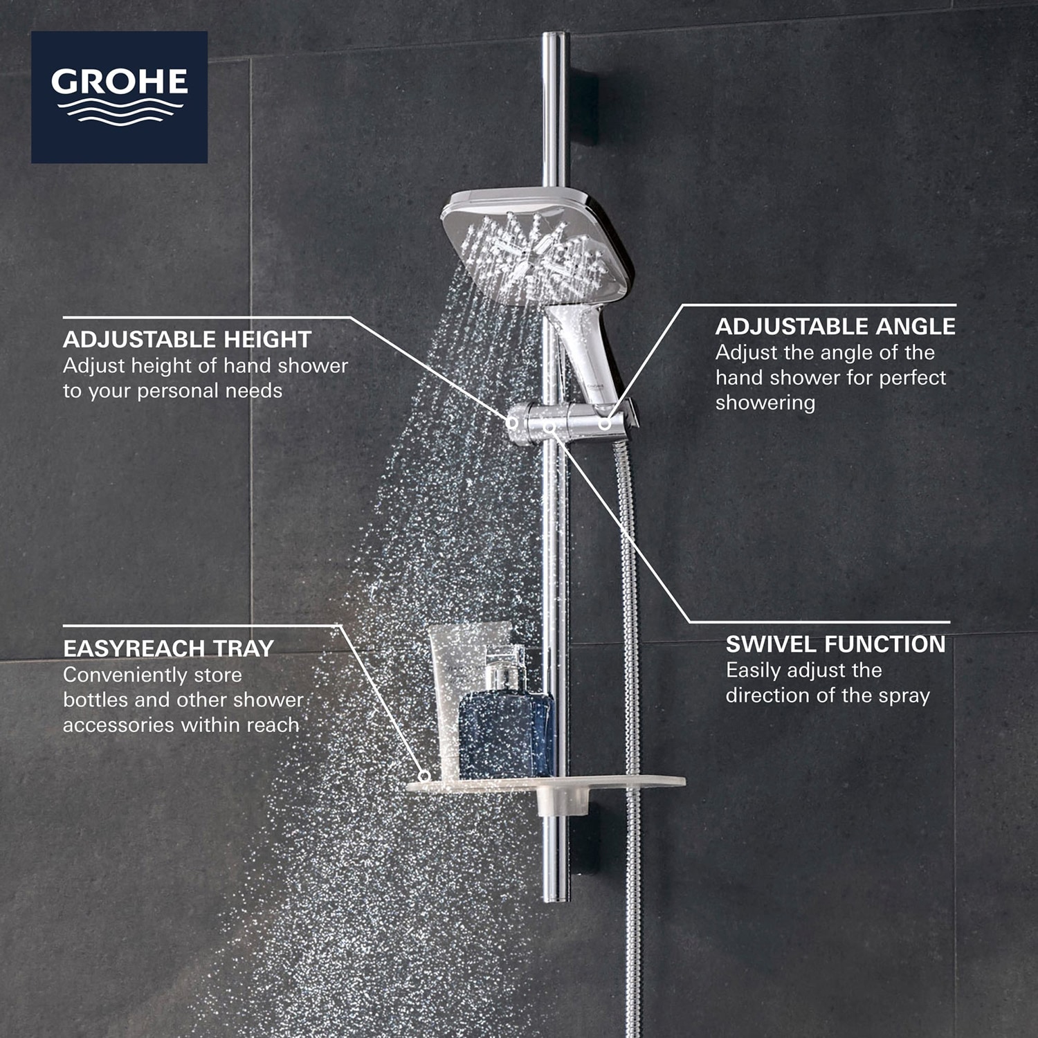 Regadera de mano cuadrada de níquel cepillado con un solo mango GROHE Rainshower 5.13 pulgadas - Modelo 26585EN0