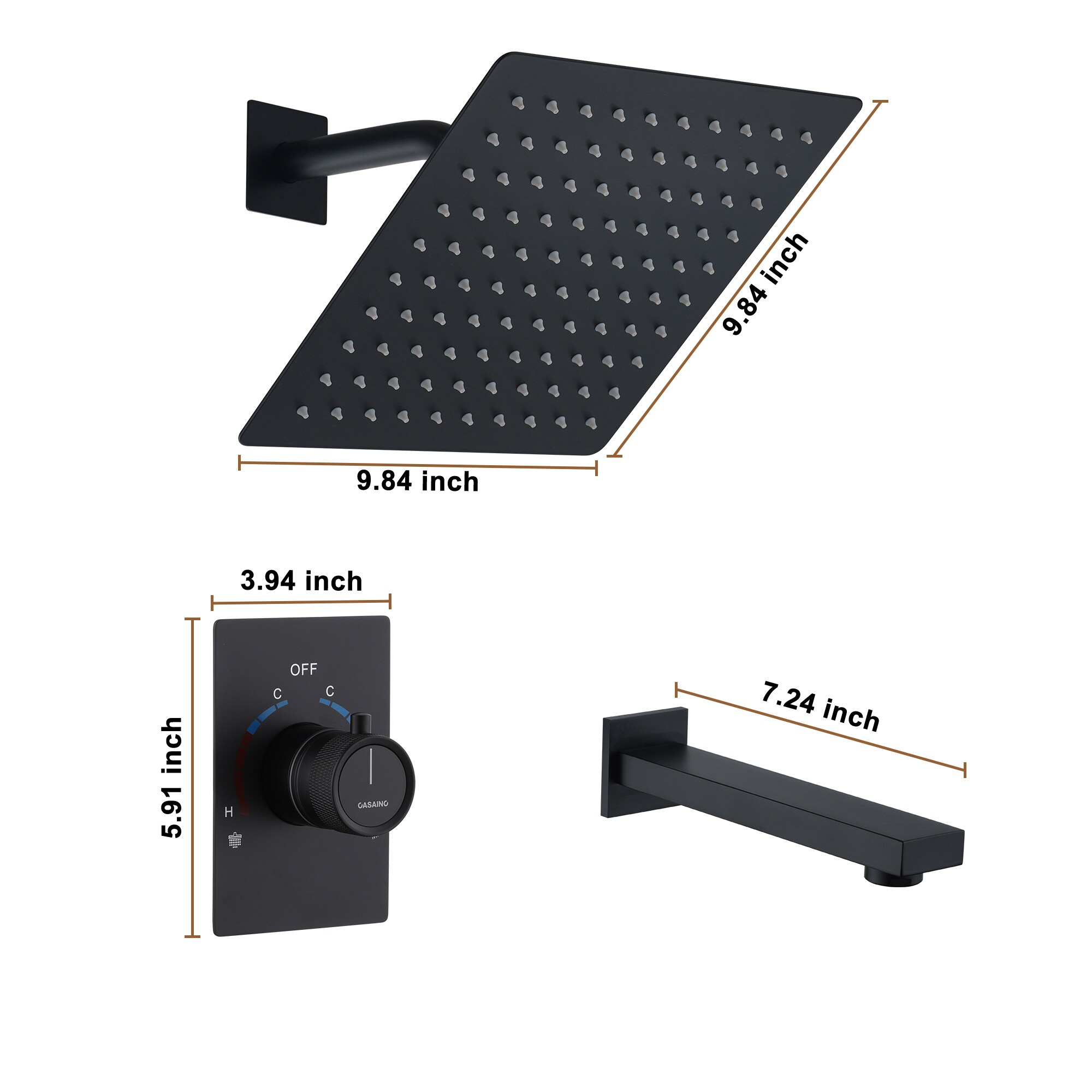 Sistema de ducha CASAINC con válvula de equilibrio de presión integrada en negro mate, manija única, función única, regadera cuadrada de 10 pulgadas con válvula RB0785-WE.