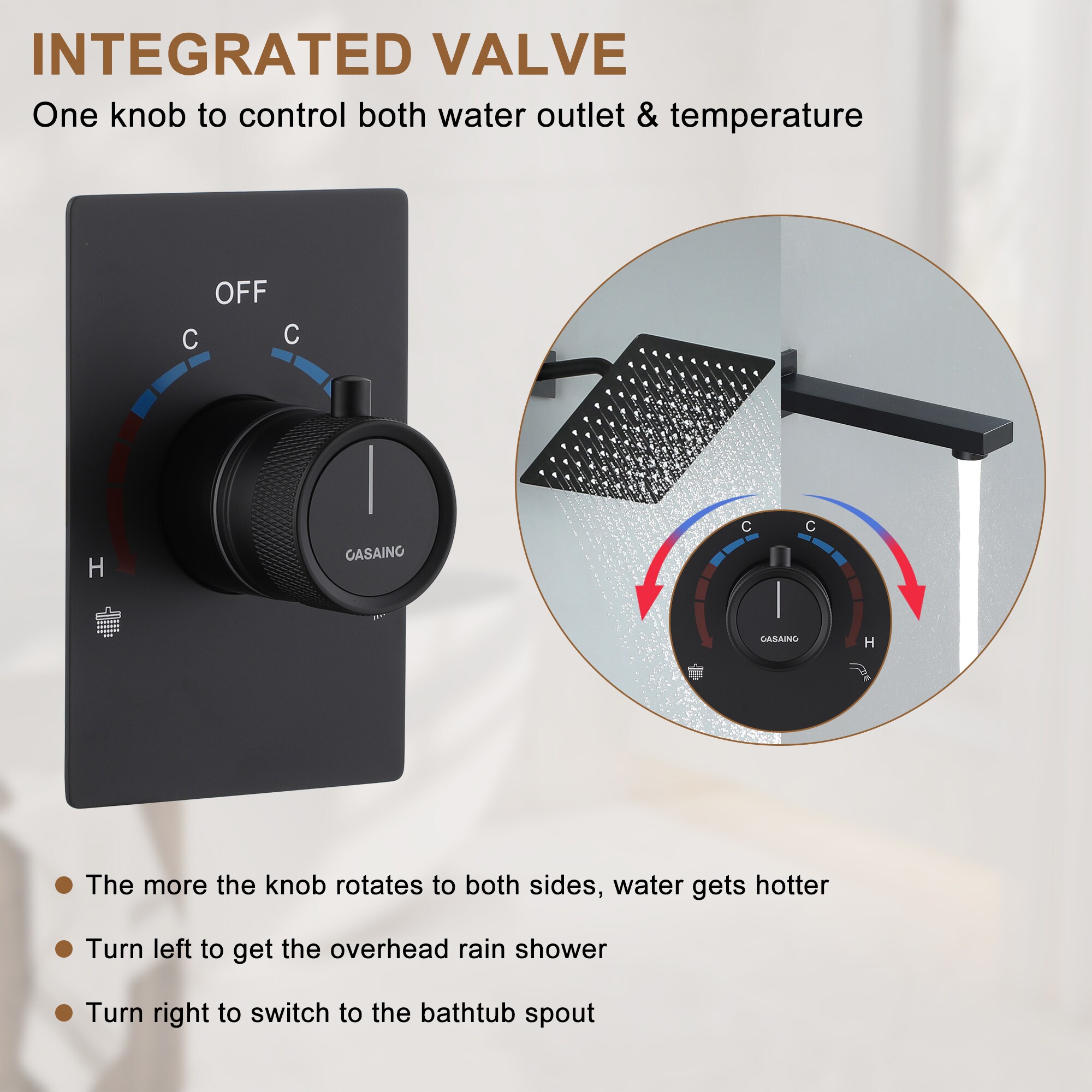 Sistema de ducha CASAINC con válvula de equilibrio de presión integrada en negro mate, manija única, función única, regadera cuadrada de 10 pulgadas con válvula RB0785-WE.