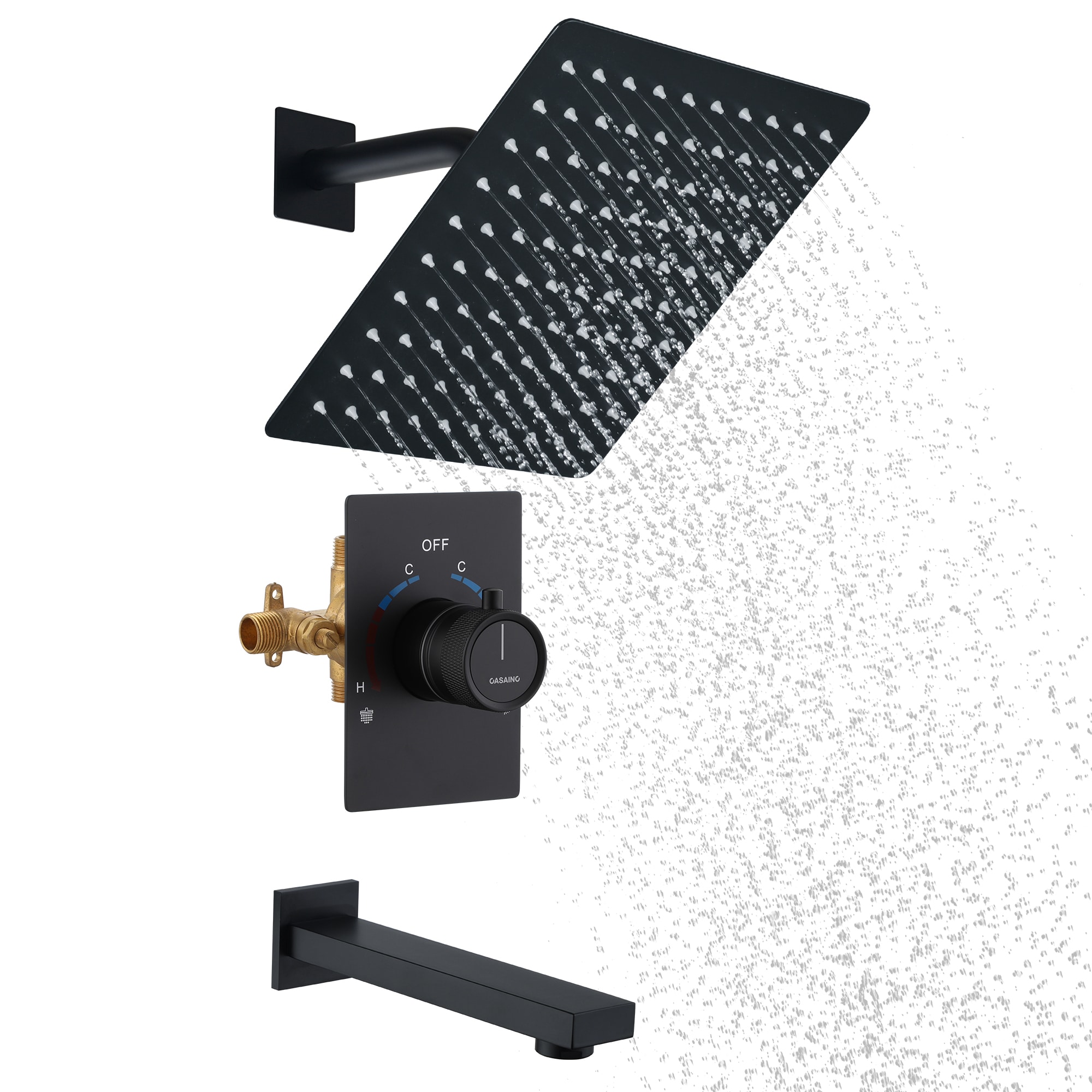 Sistema de ducha CASAINC con válvula de equilibrio de presión integrada en negro mate, manija única, función única, regadera cuadrada de 10 pulgadas con válvula RB0785-WE.