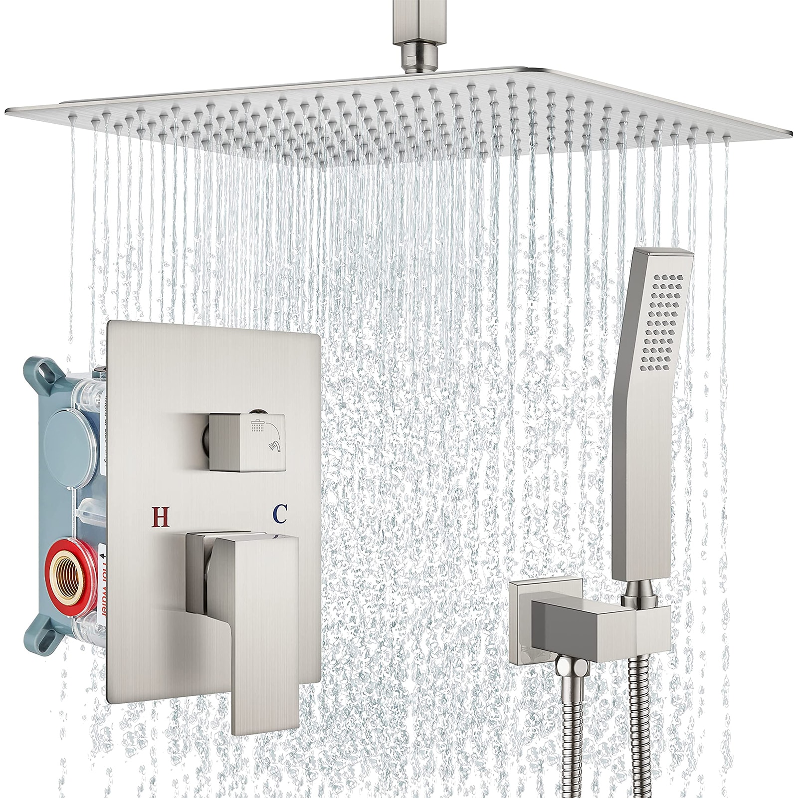 Sistema de regadera de lluvia WELLFOR DT en níquel cepillado de 1 manija y función única de 16 pulgadas, con grifo cuadrado y válvula DTG-806CS16BN.