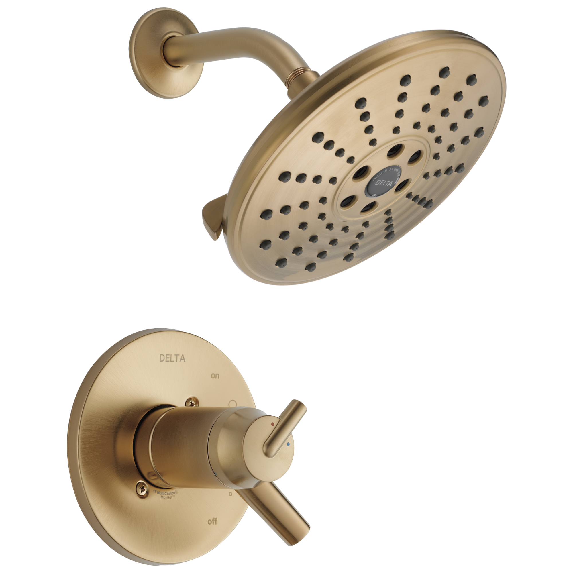 Grifo para ducha redondo de dos manijas en bronce champán Trinsic de Delta, función única de 7.625 pulgadas, modelo T17T259-CZH2O.