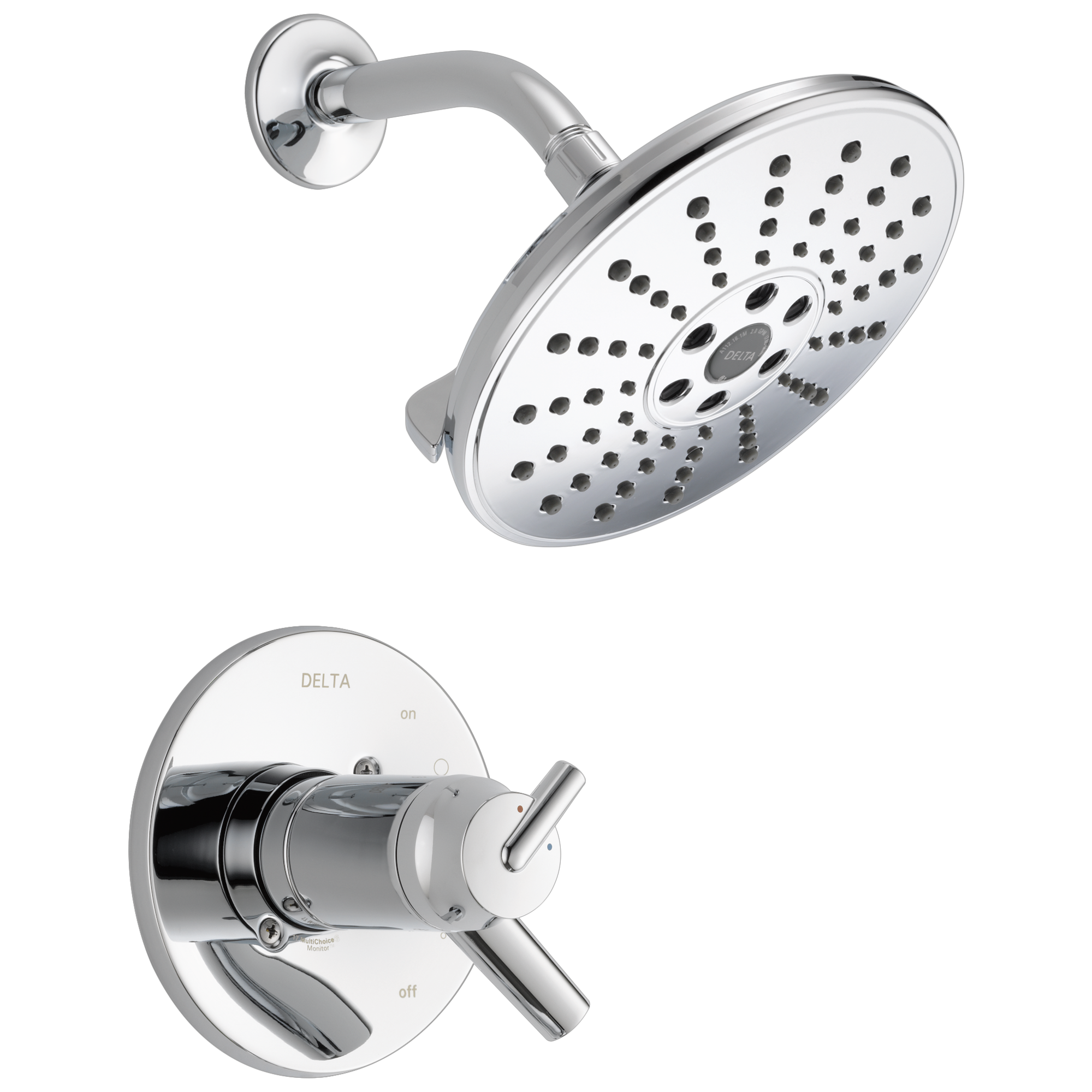 Faucet de ducha redonda de 7.625 pulgadas con 2 manijas cromadas de la colección Trinsic de Delta, función única.