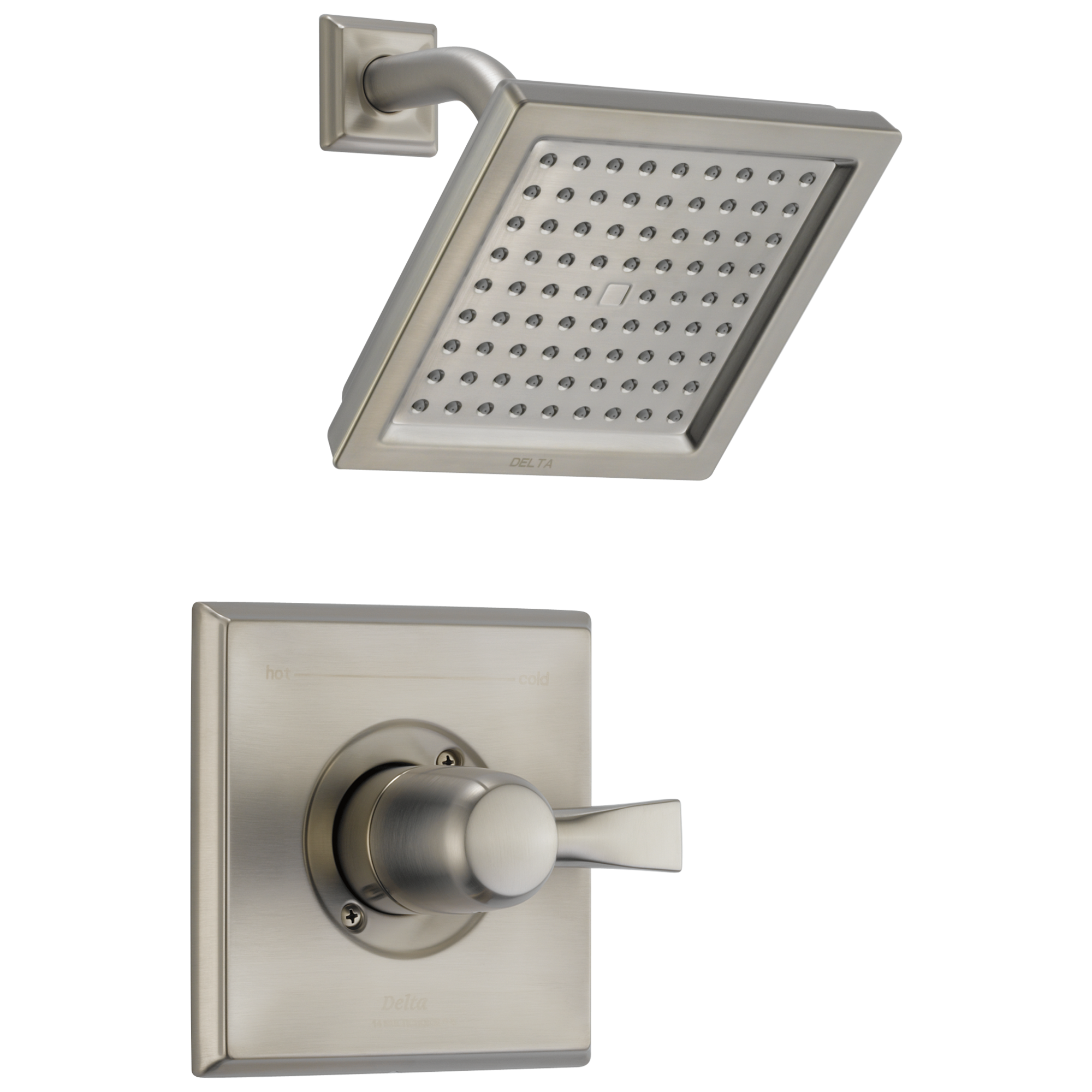 Grifo de ducha cuadrado de acero inoxidable de una sola función con un solo mango, Delta Dryden, con válvula T14251-SS-WE de 6.5625 pulgadas