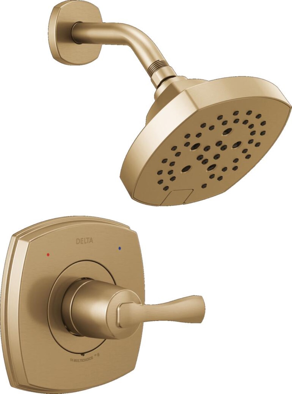 Grifo de ducha redondo de 7.0 pulgadas de un solo mango en bronce Champagne con revestimiento Lumicoat, modelo Delta Stryke T14276-CZ-PR.
