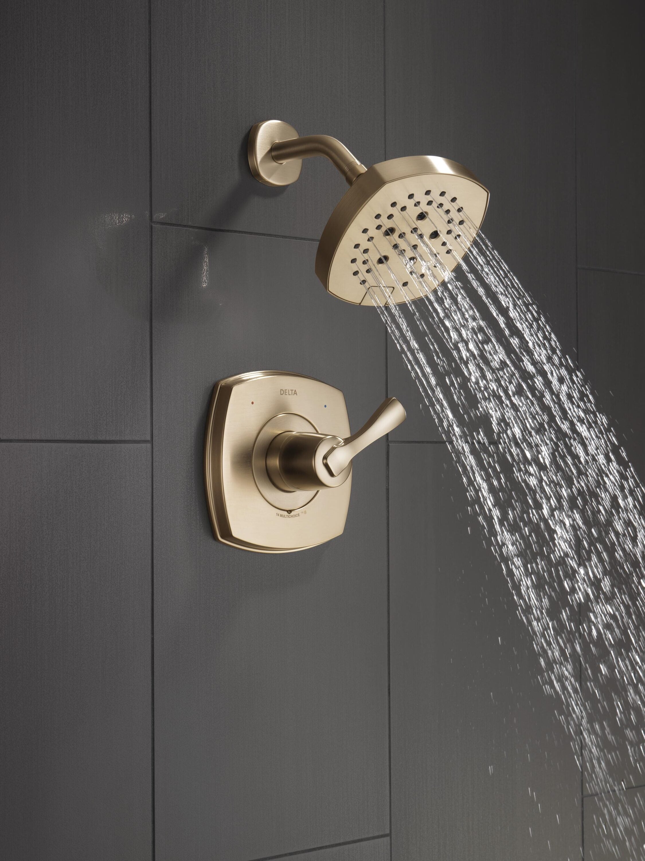 Grifo de ducha redondo de 7.0 pulgadas de un solo mango en bronce Champagne con revestimiento Lumicoat, modelo Delta Stryke T14276-CZ-PR.