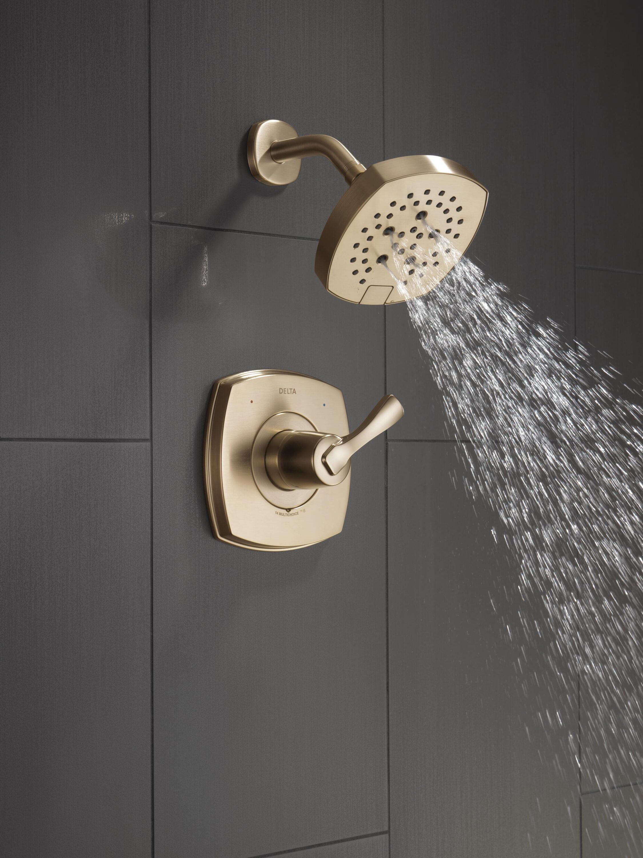 Grifo de ducha redondo de 7.0 pulgadas de un solo mango en bronce Champagne con revestimiento Lumicoat, modelo Delta Stryke T14276-CZ-PR.